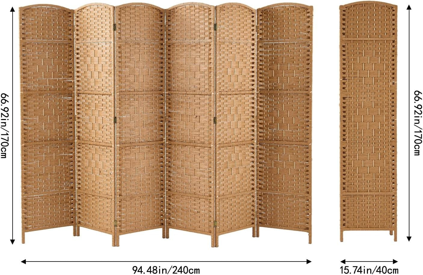 Natural 6 Panel Wicker Folding Room Divider Handwoven Privacy Screen 170cm