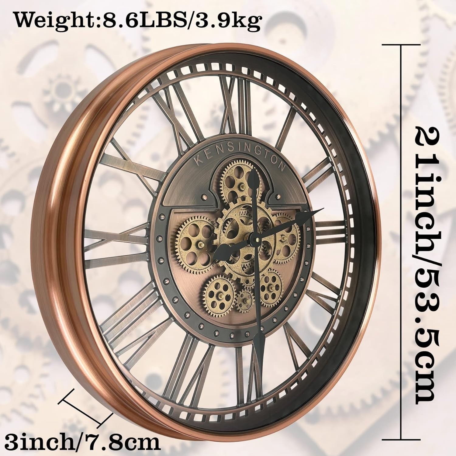 21" Copper Wall Clock Moving Gears Steampunk Industrial Metal Retro
