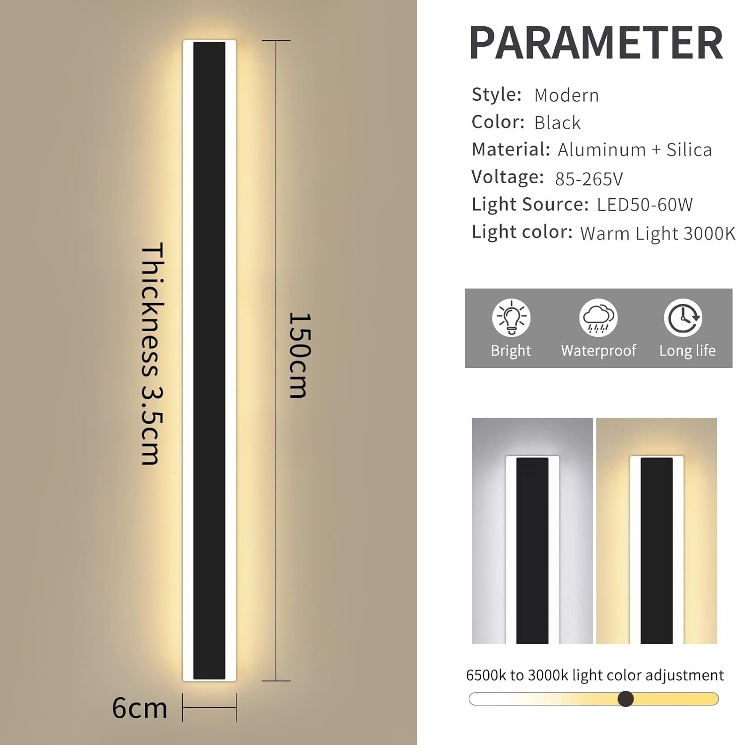 150cm Outdoor LED Wall Light IP65 Waterproof Modern Strip Light 3 Mode