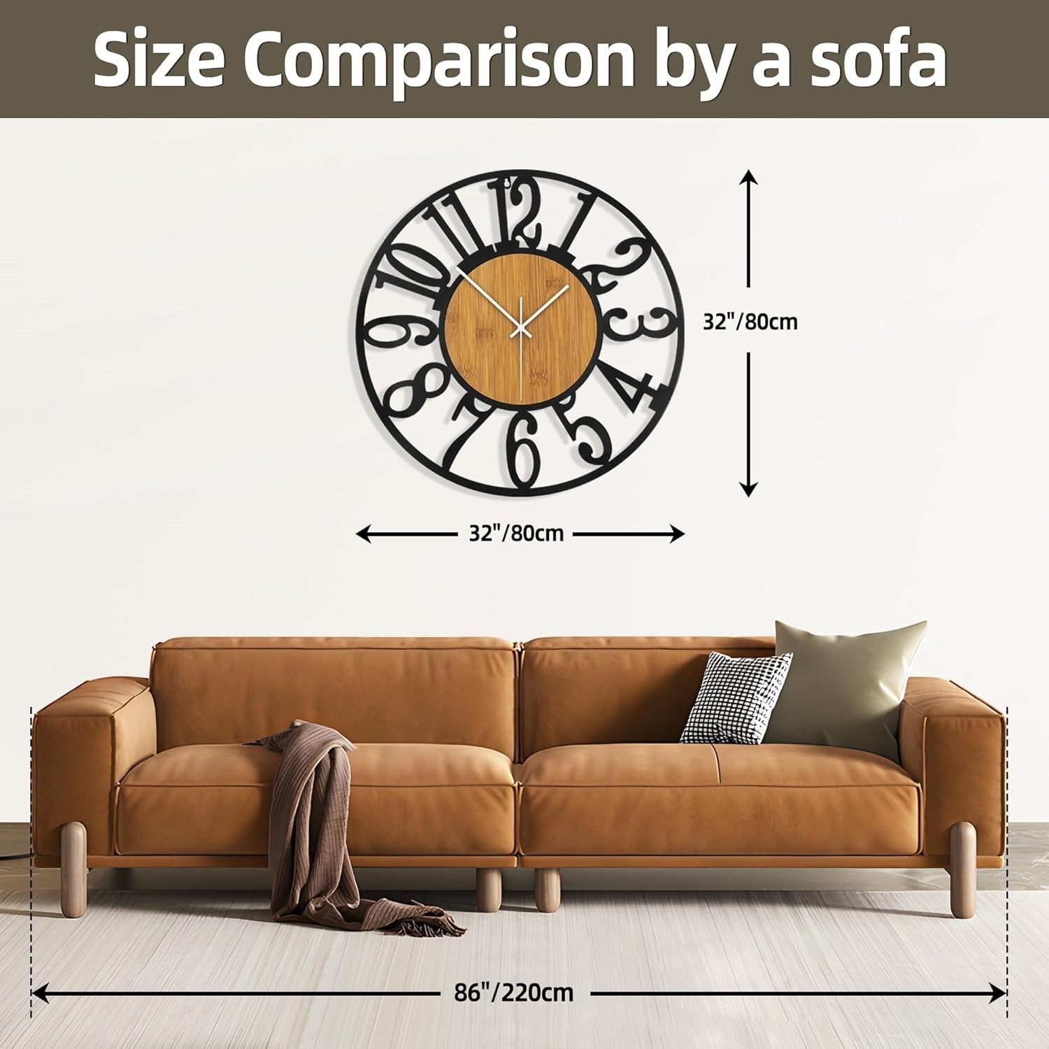 Large 32IN Silent Wall Clock - Modern Wooden Metal Decor, Battery Operated