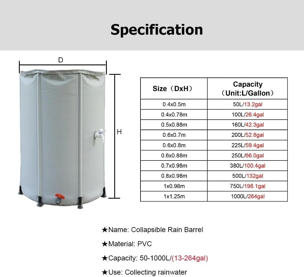 Collapsible Garden Water Butt 250L PVC Rainwater Barrel with Tap & Zip