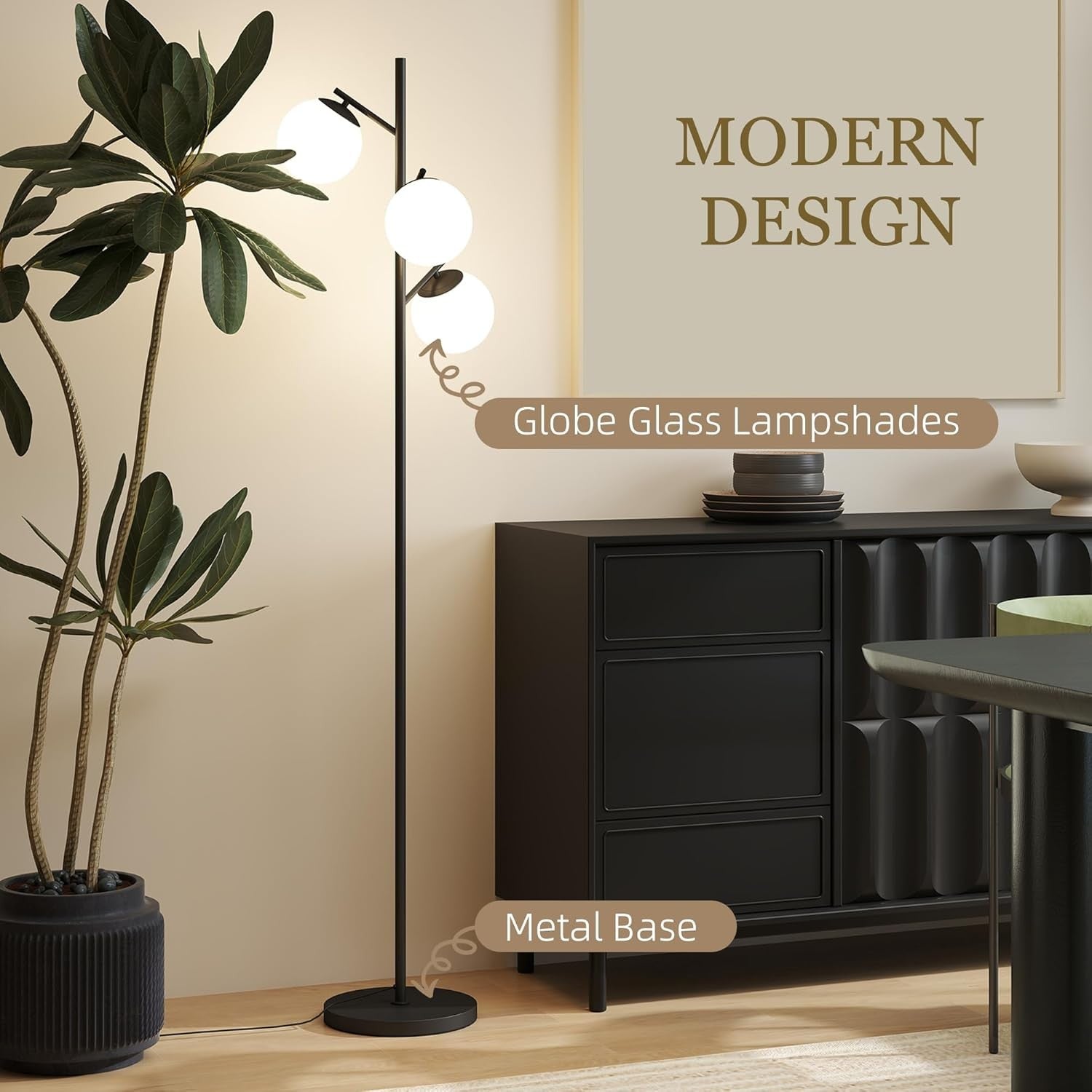 3 Light Tree Floor Lamp Black Modern Standing Lamp Globe Shades Living Room