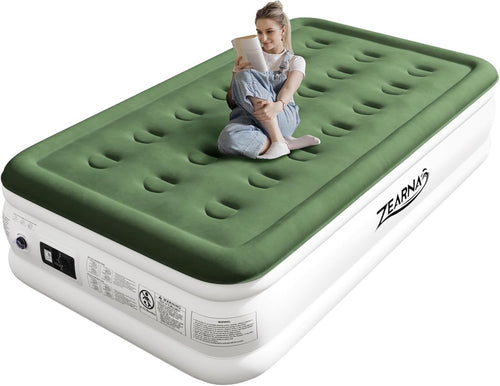 Single Inflatable Air Bed Built In Electric Pump Raised Guest Green Mattress