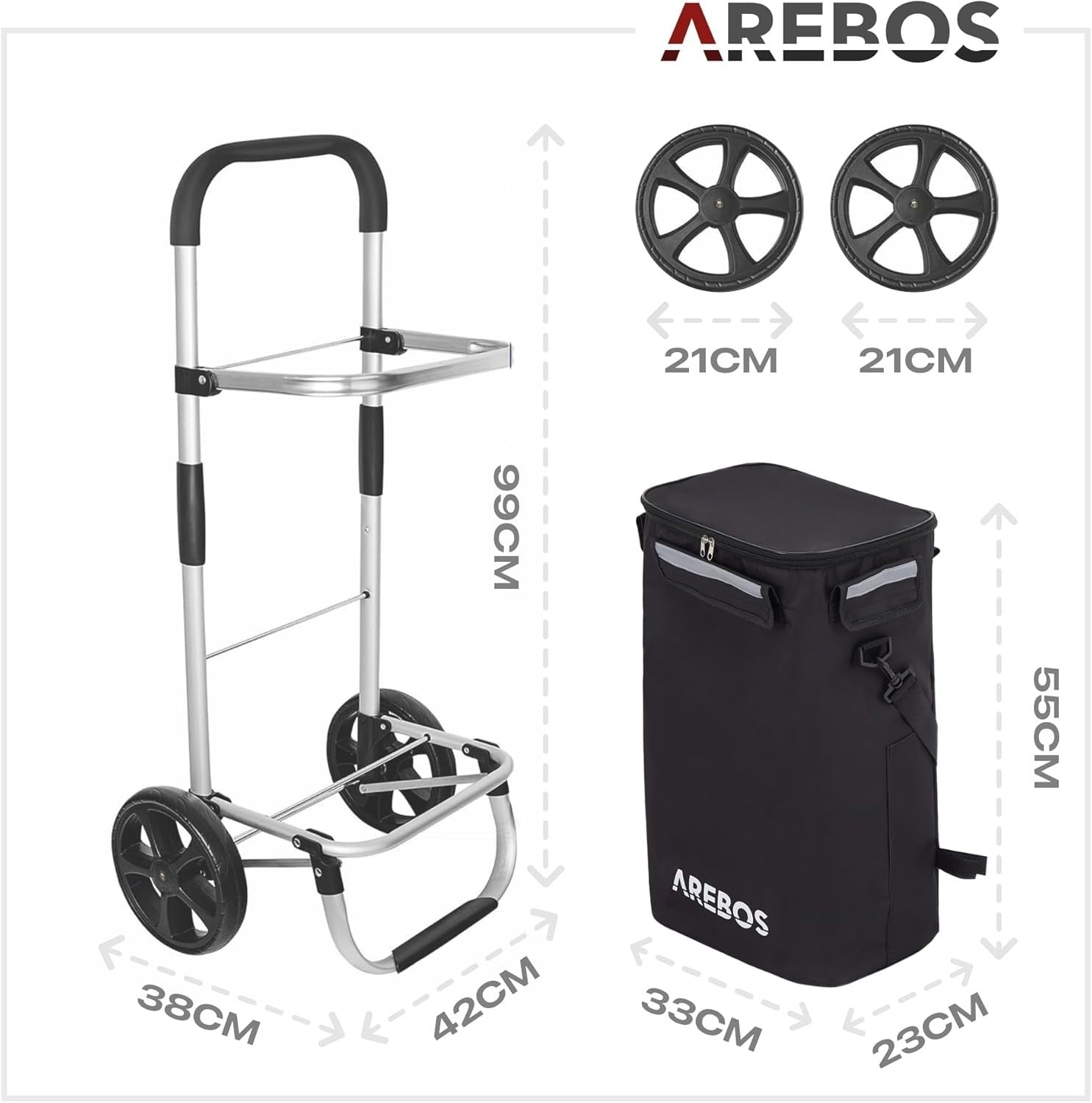 3-in-1 Folding Shopping Trolley 56L Cooler Bag Wheels Black