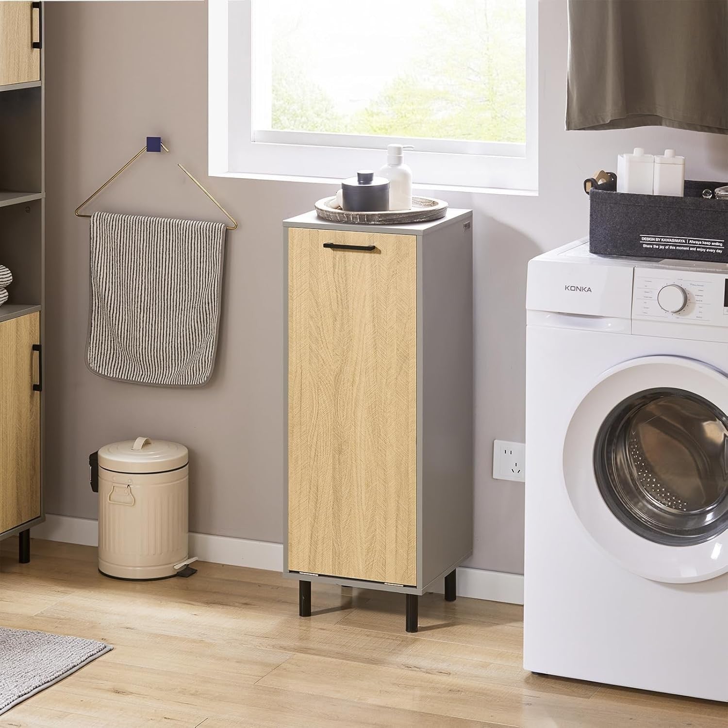 Slim Bathroom Laundry Cabinet with Fold Out Basket Wood Storage Unit Grey