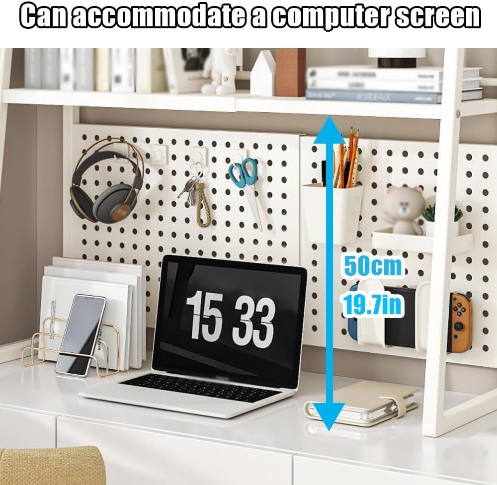 Expandable 2-Tier Desktop Bookshelf | Black Metal Desk Hutch w/ Pegboard 55–96cm