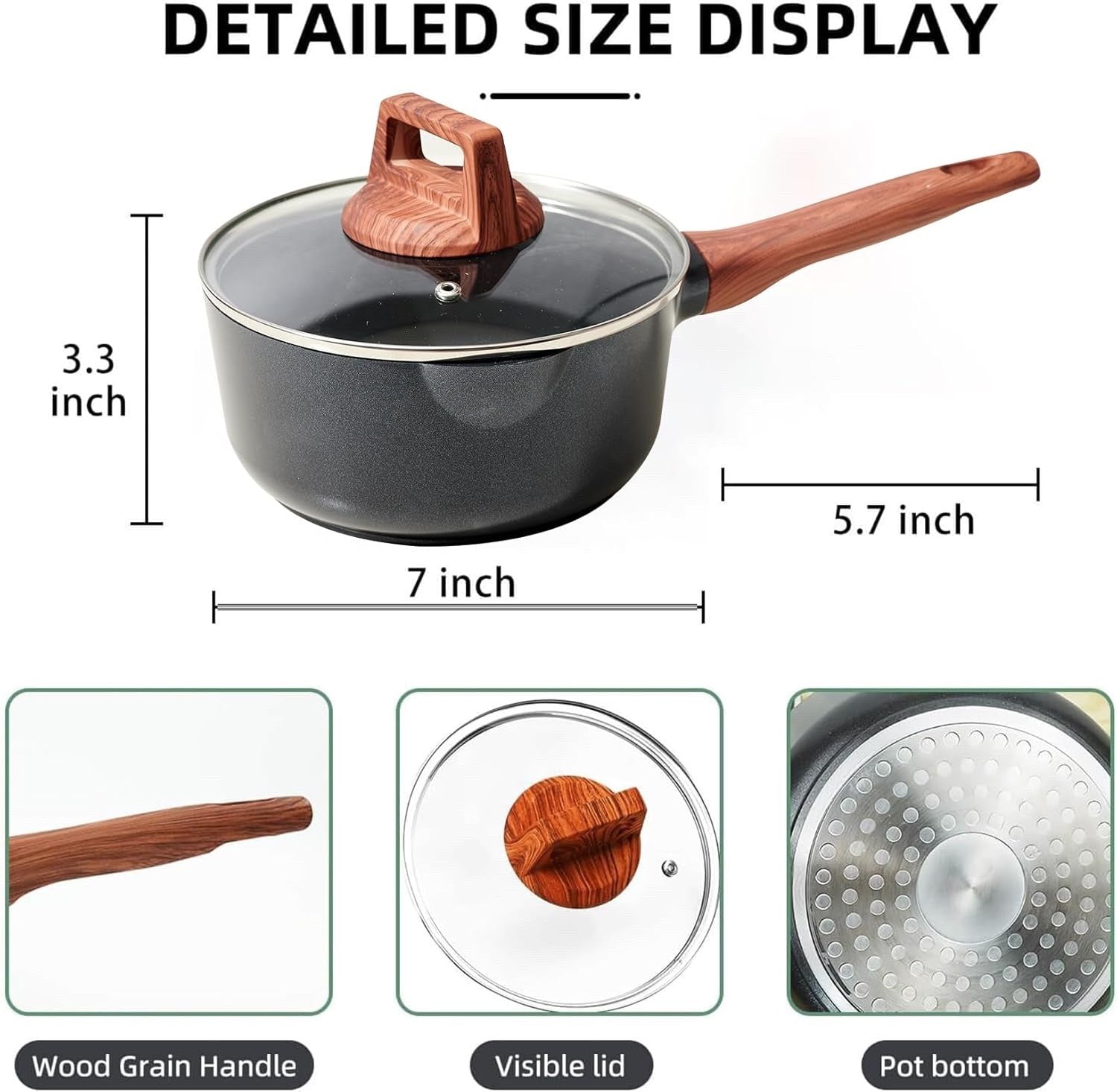 3Pcs Black Granite Non Stick Cookware Set Frying Pan Skillet Saucepan with Lid