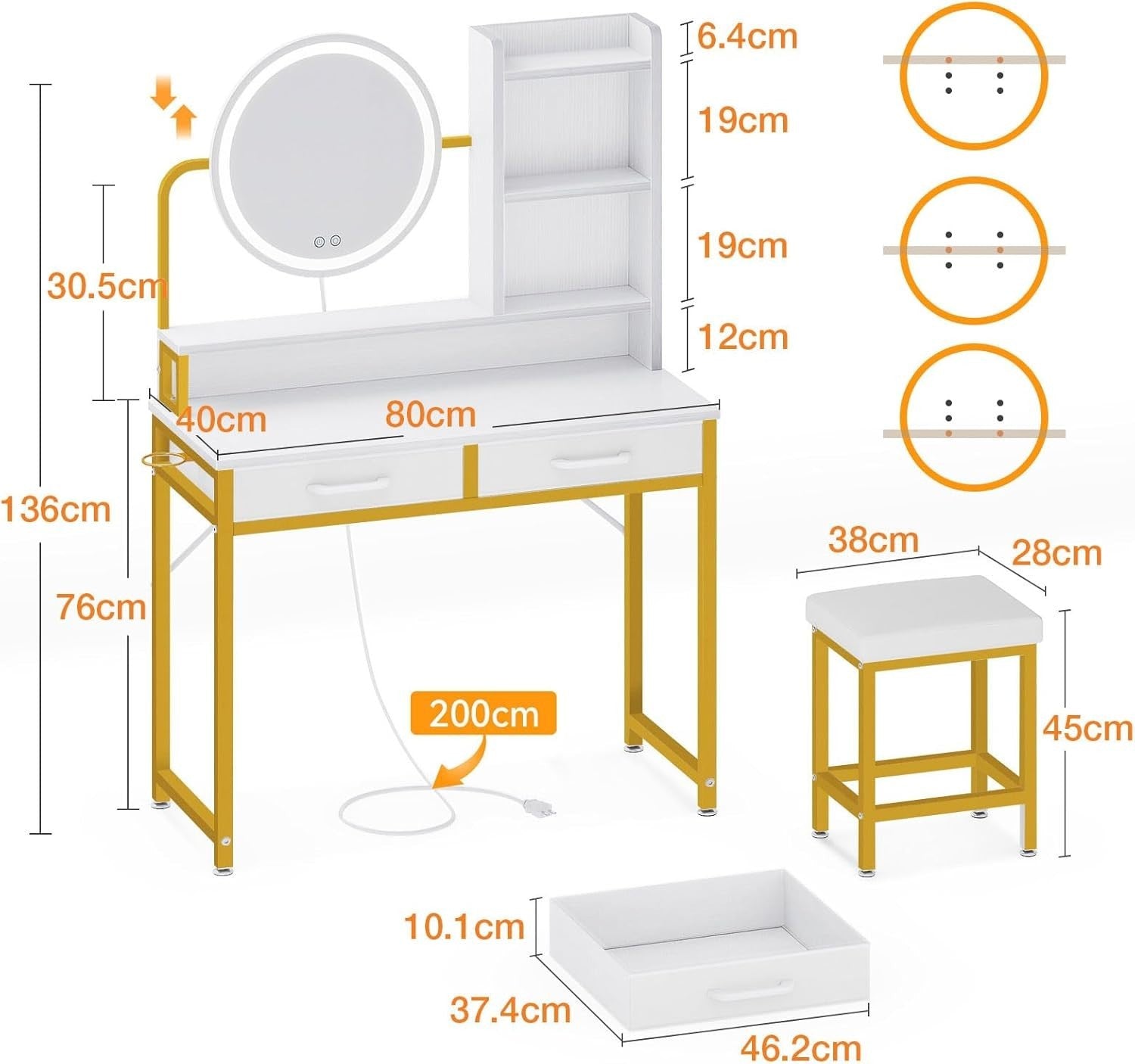 Makeup Vanity Desk Dressing Table with Adjustable LED Light Mirror & Storage Whi