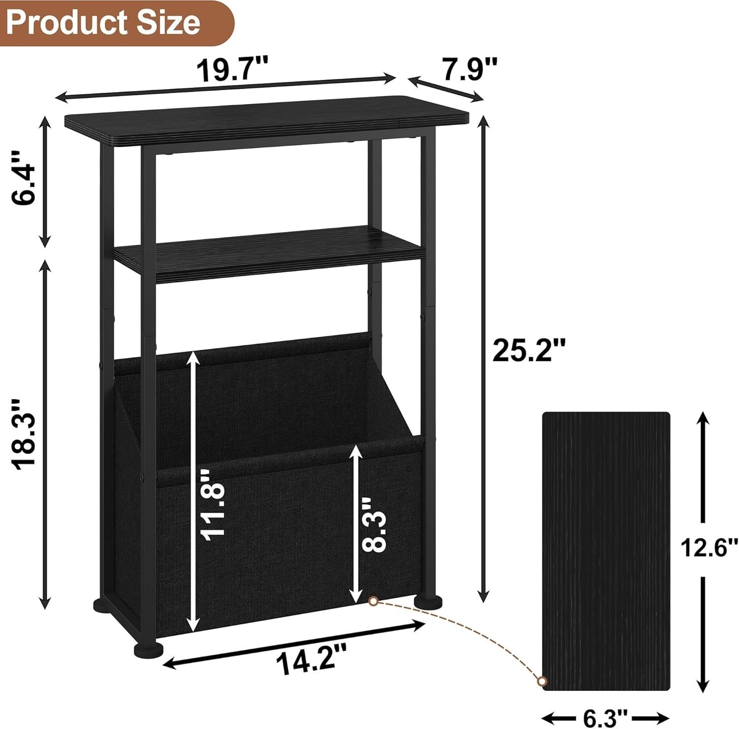 Slim Side Table with Basket Storage – 3-Tier Narrow Bedside Sofa Table Black