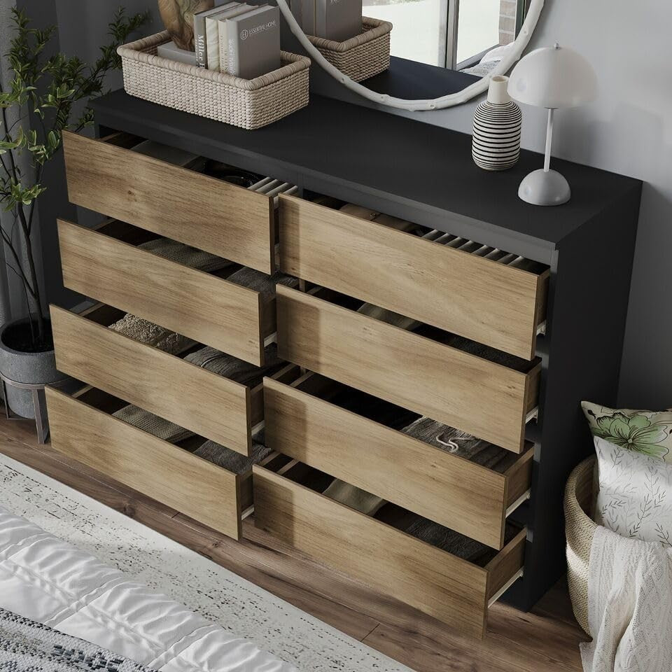 8 Drawer Black Oak Chest Storage Cabinet Modern Bedroom Office Organiser