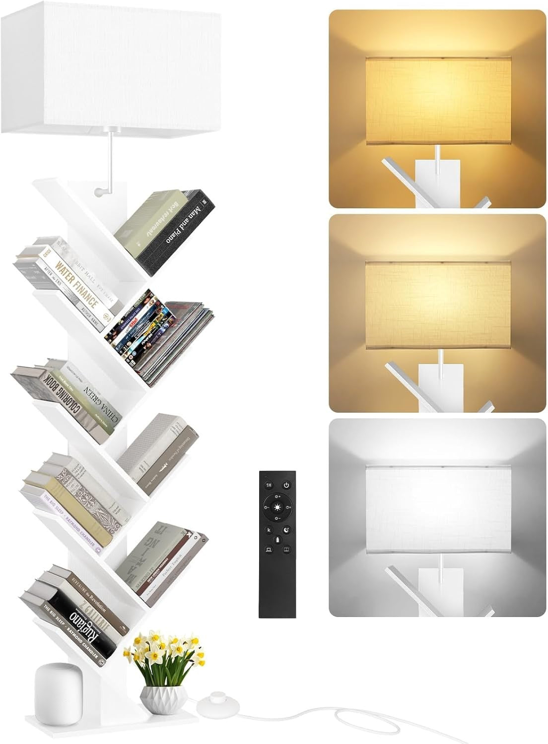 9 Tier Tree Bookshelf with LED Lamp Remote White Tall Narrow Shelf