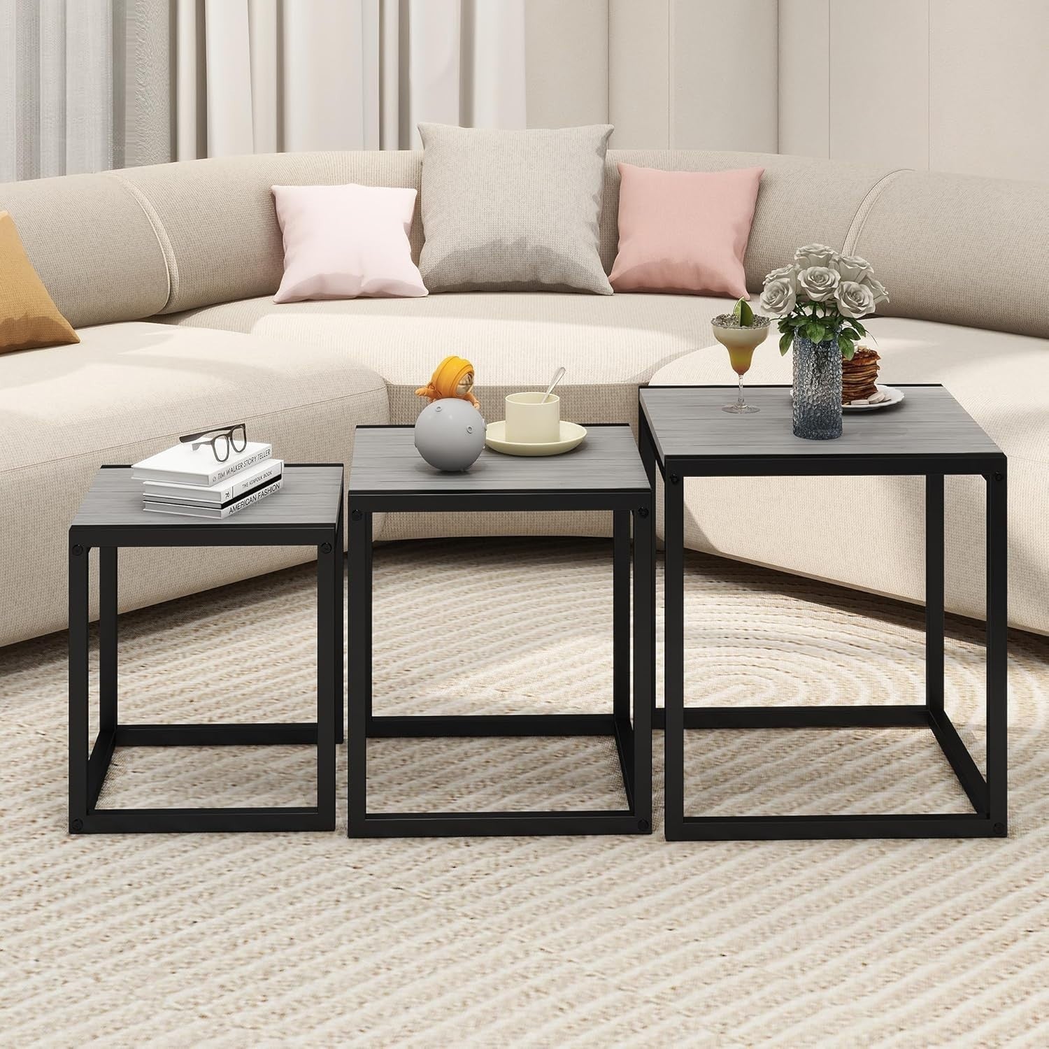 3 Nesting Coffee Tables Set Wood Metal Grey Round Side End Modern Living Room