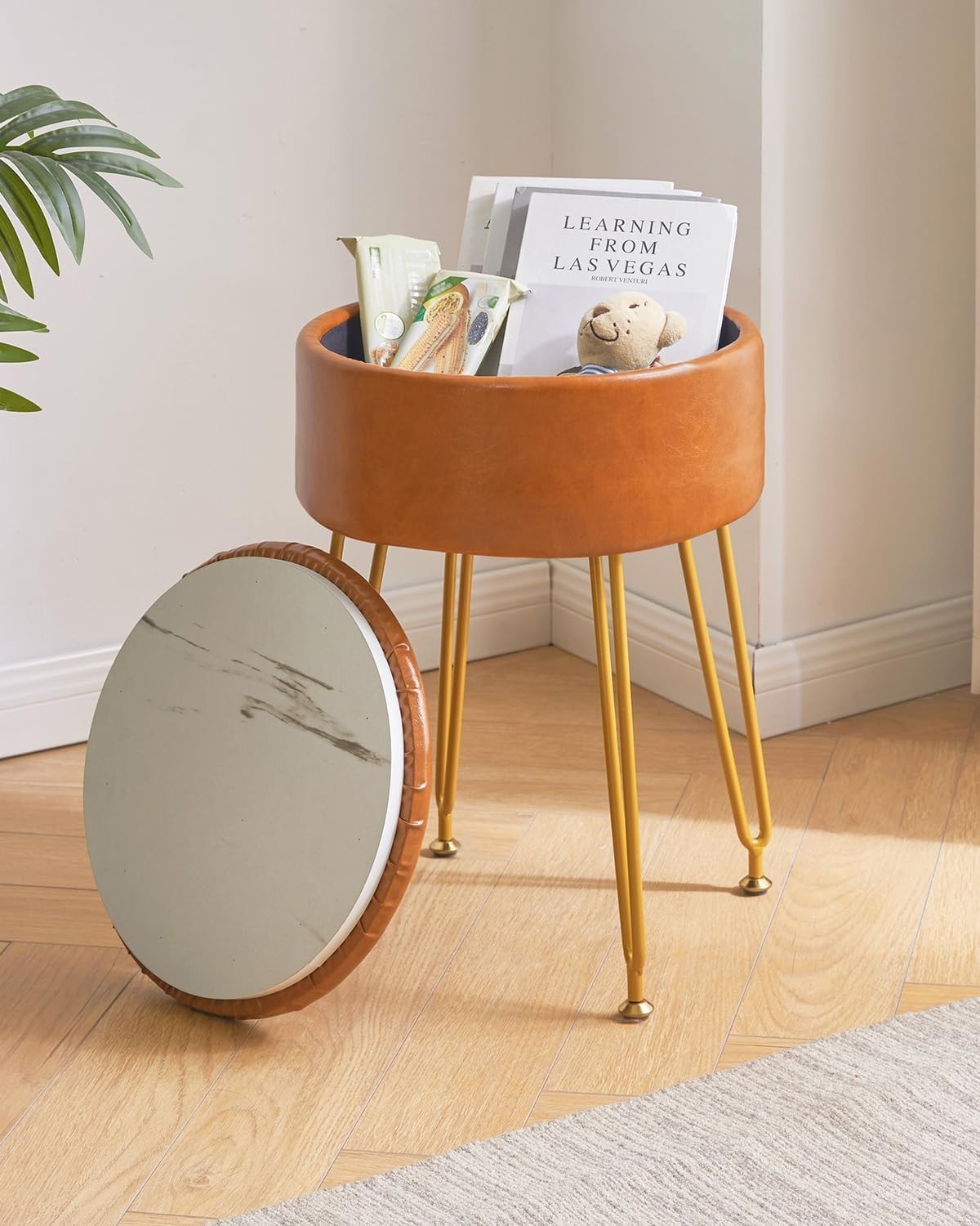 Light Brown PU Leather Round Storage Stool – Vanity Seat w/ Gold Metal Legs