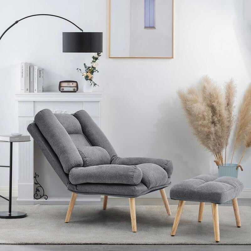 Push Back Recliner Armchair with Footstool Grey Lounge Chair for Living Room