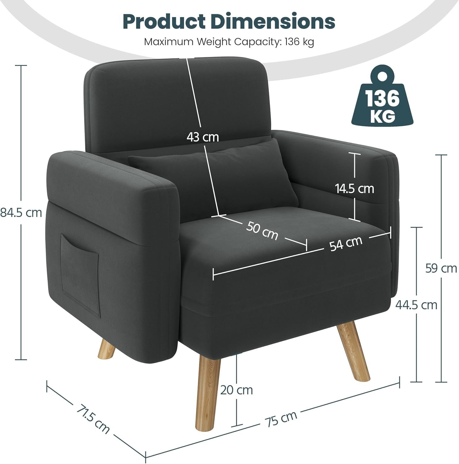 Compact Dark Grey Fabric Armchair with Storage Pockets & Tapered Legs