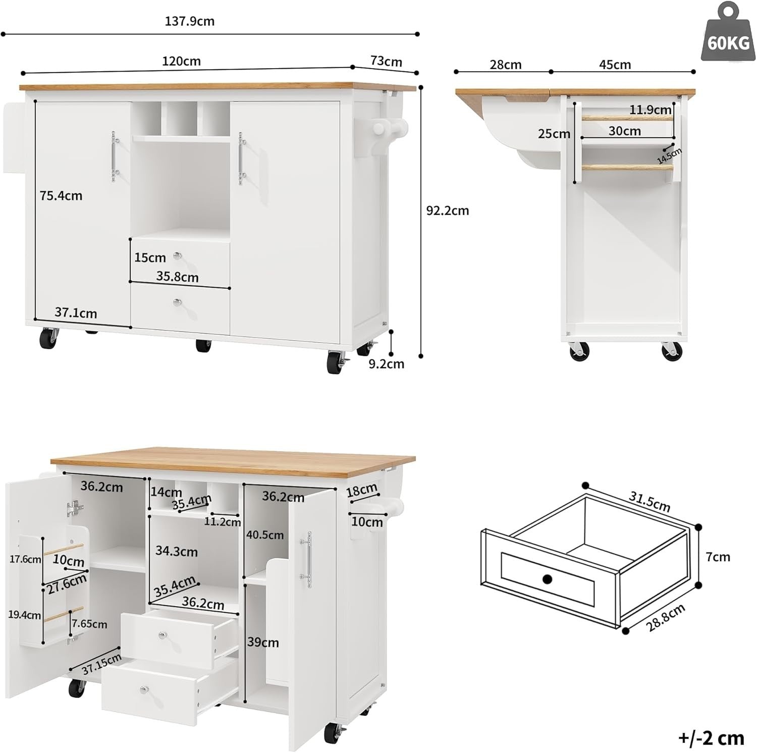 White Kitchen Island Trolley on Wheels w/ Foldable Top, Wine Rack & Storage