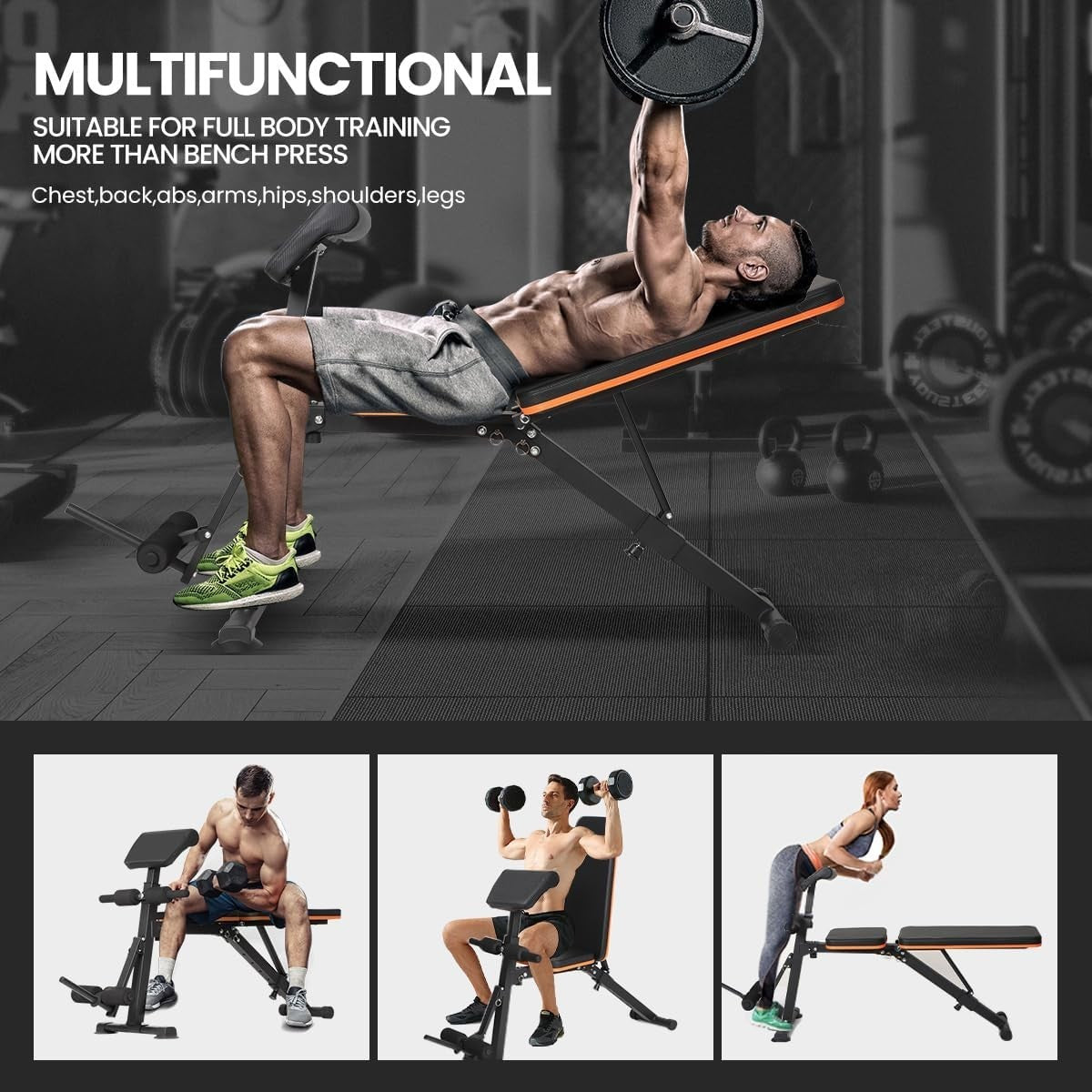Foldable Multi-Functional Gym Bench, Roman Chair, Adjustable Sit-Up & Decline