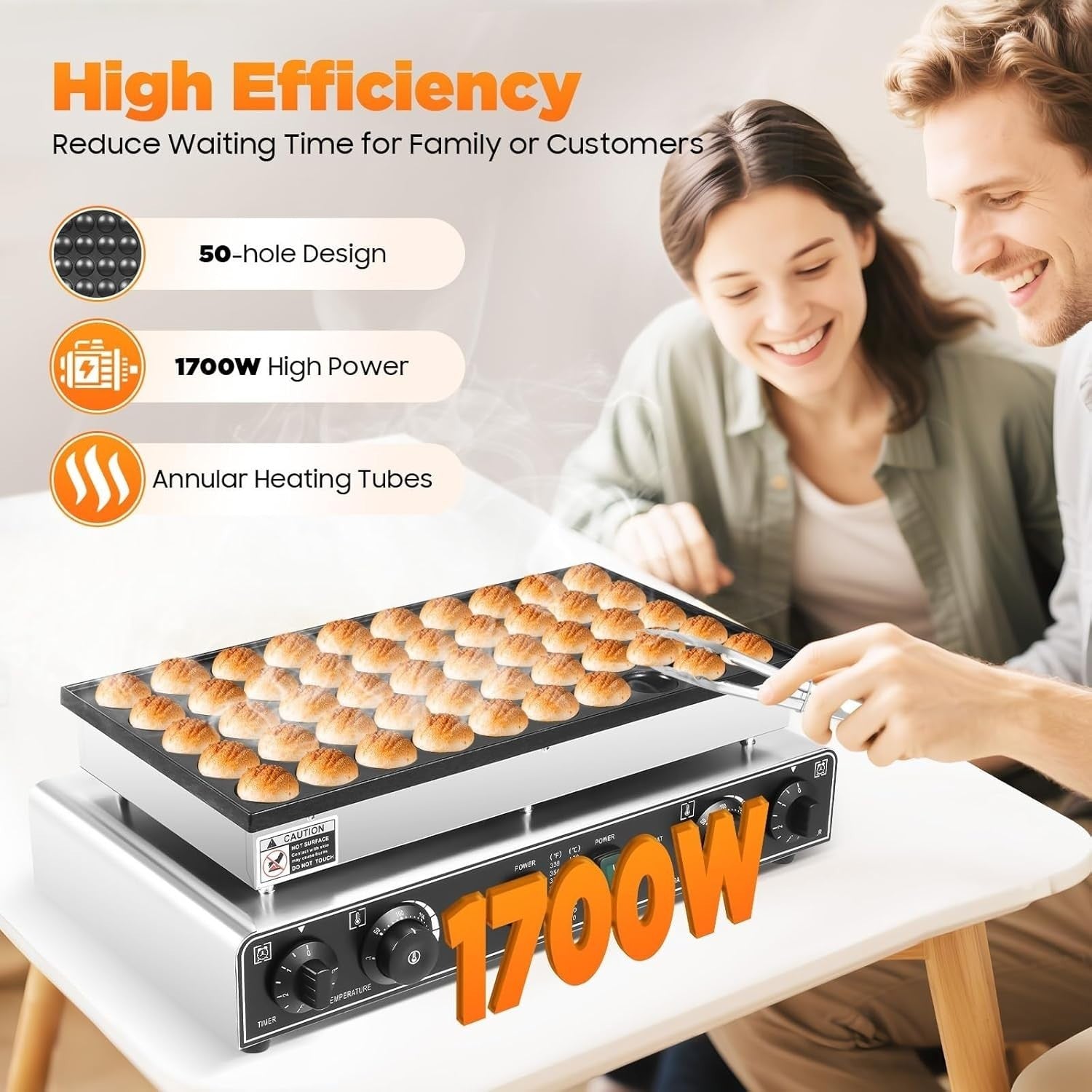 50-Hole 1700W Commercial Dutch Pancake Maker | Non-Stick Mini Muffin