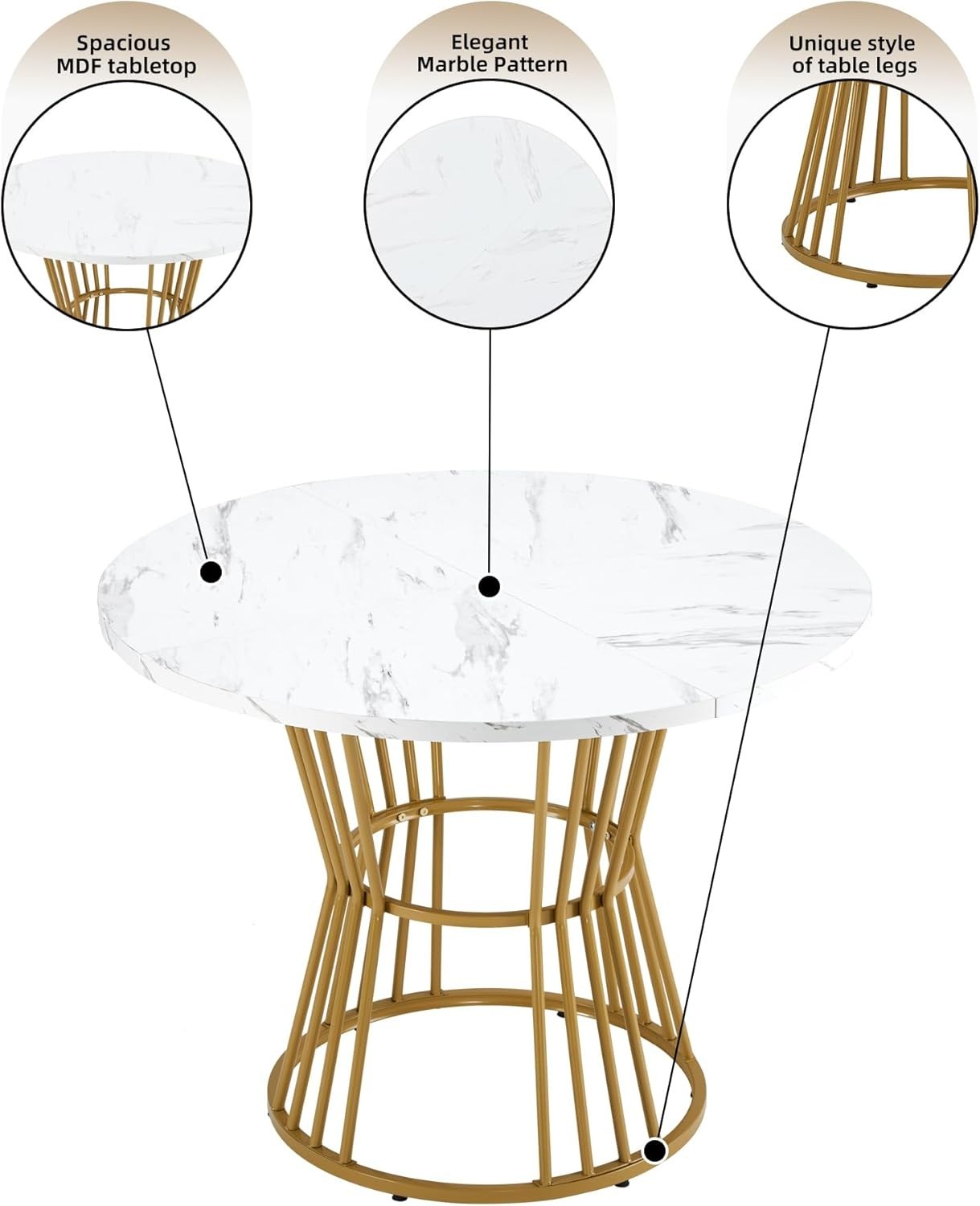 Extendable Folding Dining Table with Storage Drawers Marble White Gold