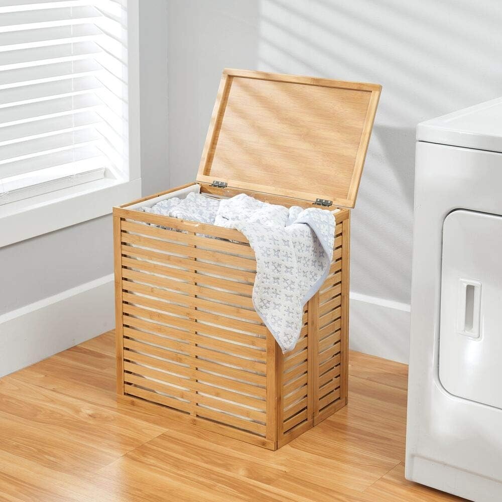 Natural Bamboo Laundry Hamper with Lid & Removable Liner | Foldable Storage Bask