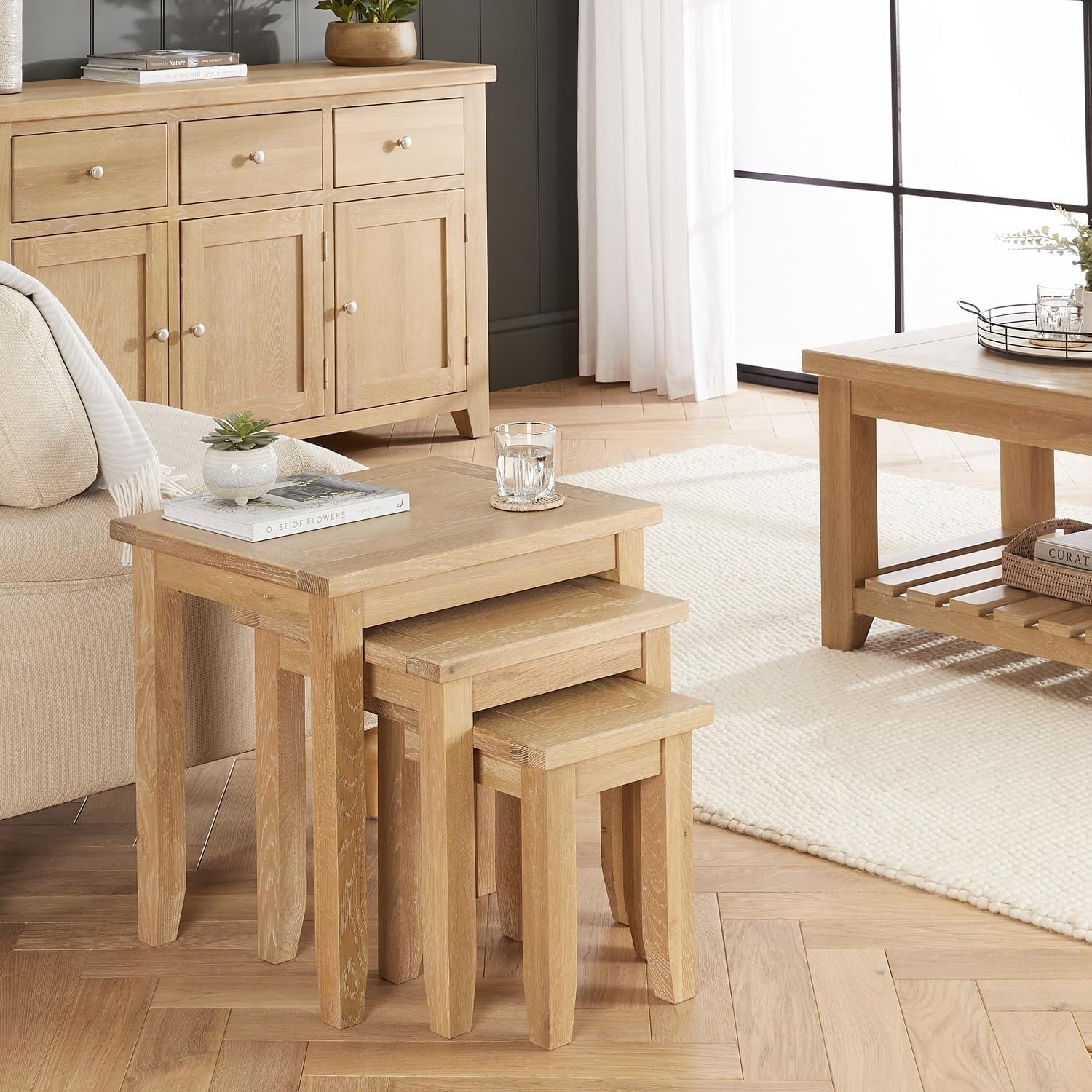 Whitewash Oak Nesting Tables Set of 3 Shaker Style Solid Wood Space Saving