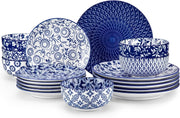 18pc Porcelain Dinnerware Set Blue White Plates Bowls Dishwasher Safe