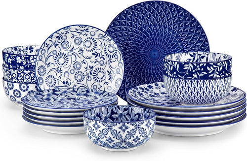 18pc Porcelain Dinnerware Set Blue White Plates Bowls Dishwasher Safe