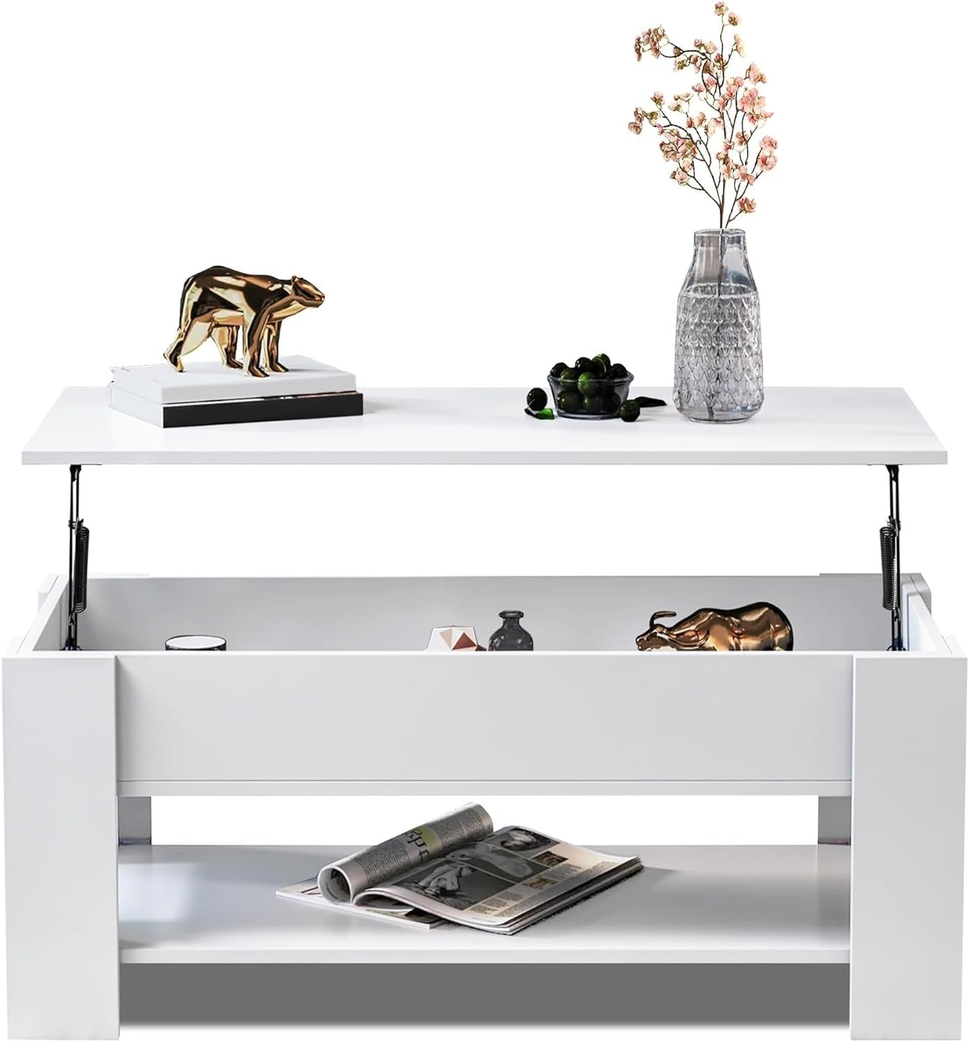 Lift Top Coffee Table White with Storage, Large Hidden Compartment 120x60cm