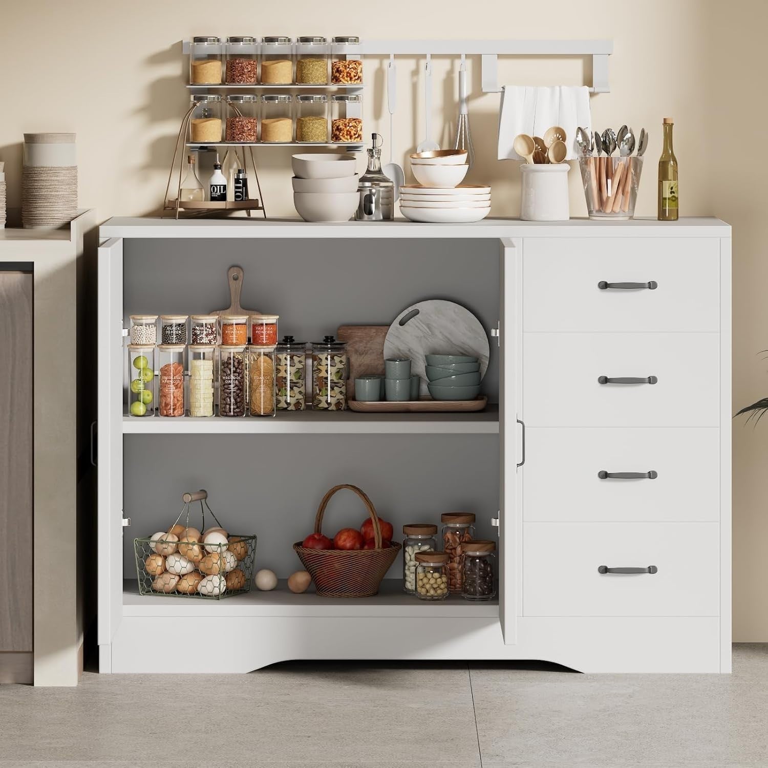 White Sideboard Buffet Cabinet 4 Drawer Adjustable Shelf Kitchen Storage