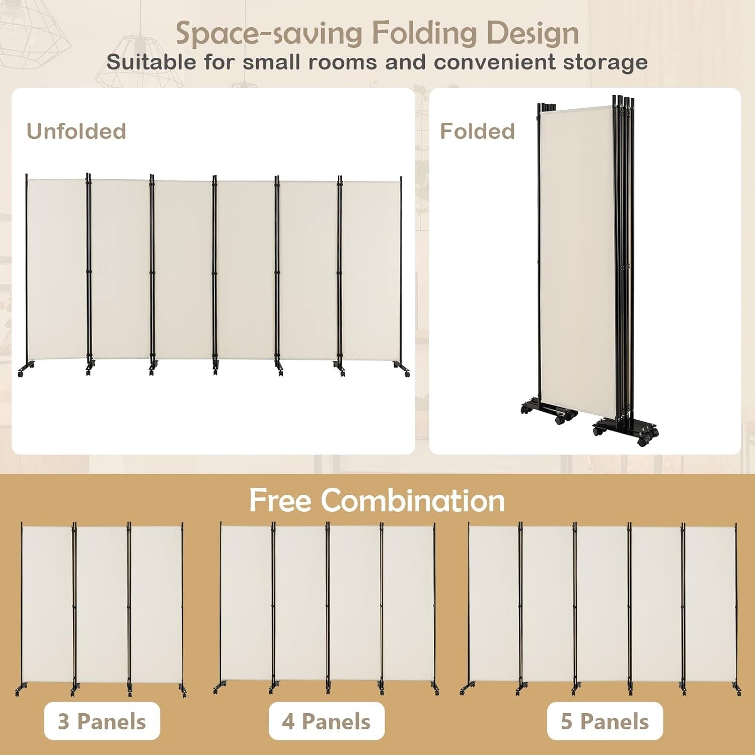 6 Panel White Folding Room Divider Privacy Screen with Wheels for Home Office