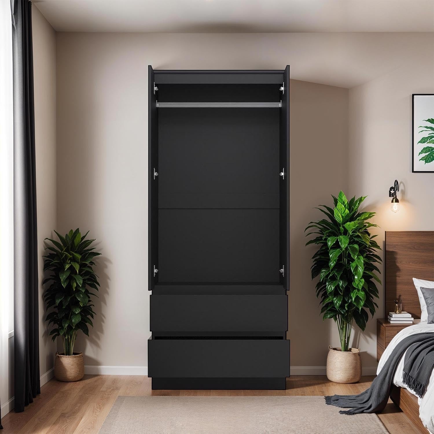 Matt Black 2-Door Wardrobe with 2 Drawers | Bedroom Storage & Clothes Organizer