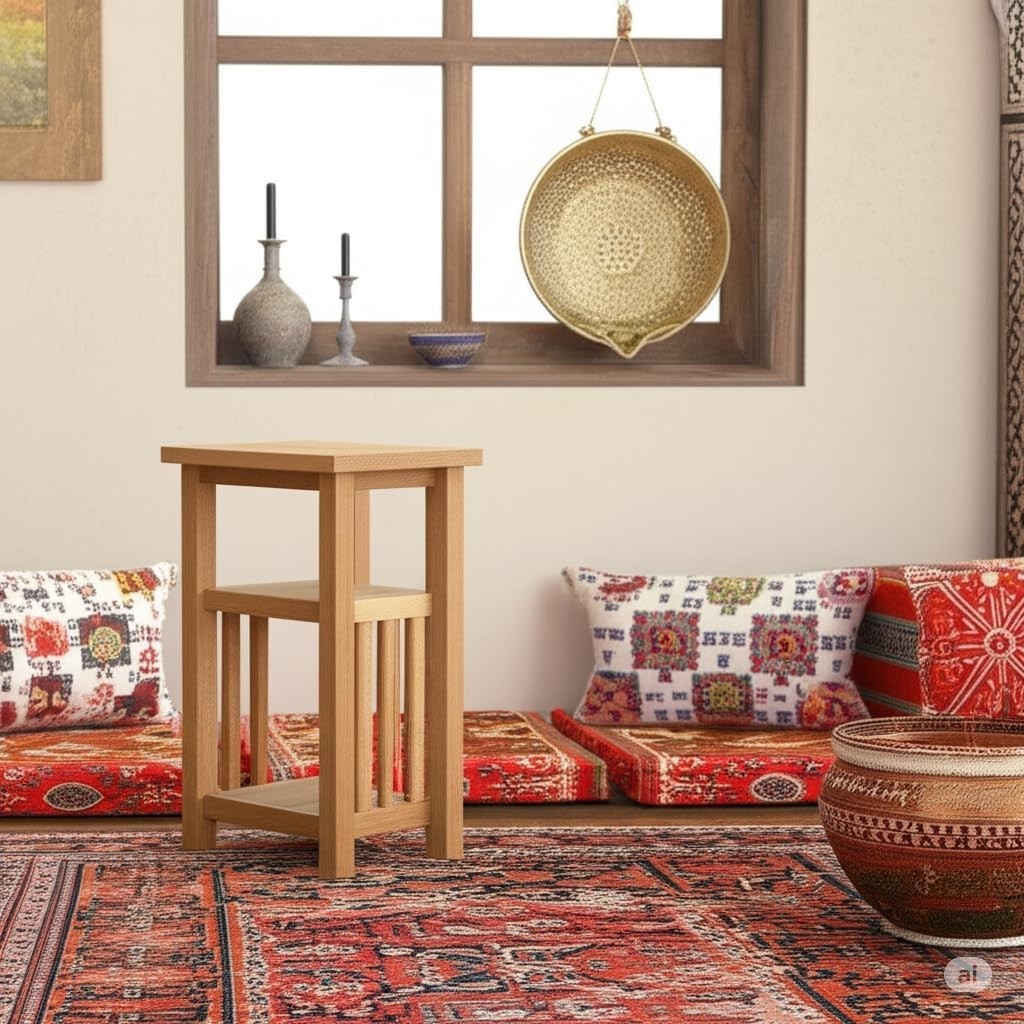 Oak Small Side Table 27x35x55 cm | Solid Wood End Table w/ Storage