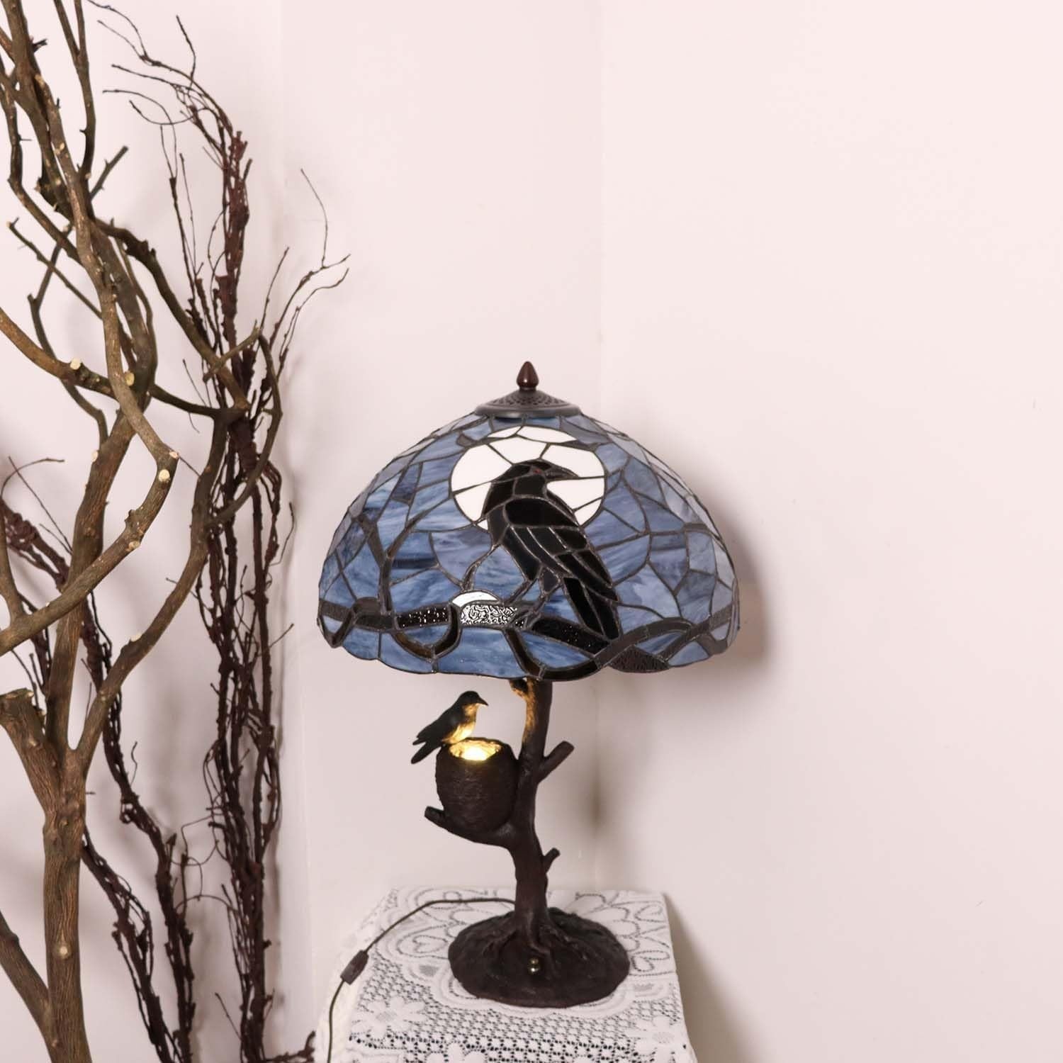 Tiffany Stained Glass Raven Table Lamp Full Moon Night Light Decor