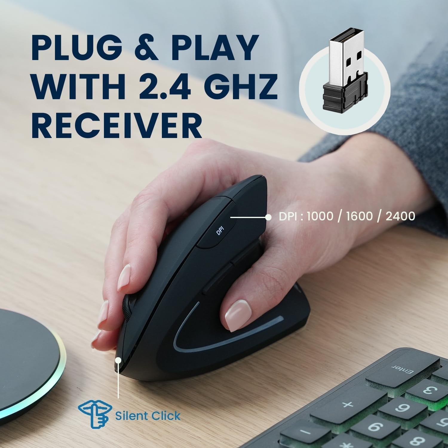 Vertical Ergonomic Wireless Mouse Rechargeable 6 Button 47° Grip