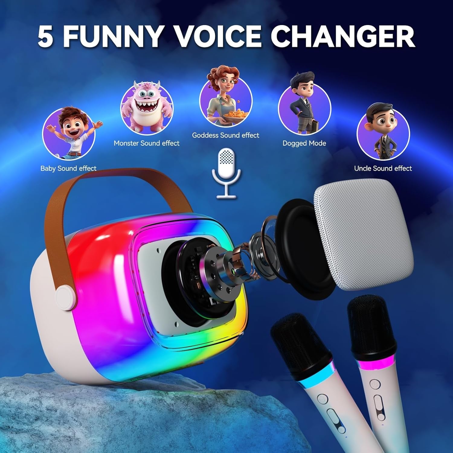 Rainbow LED Karaoke Machine with 2 Wireless Mics Bluetooth