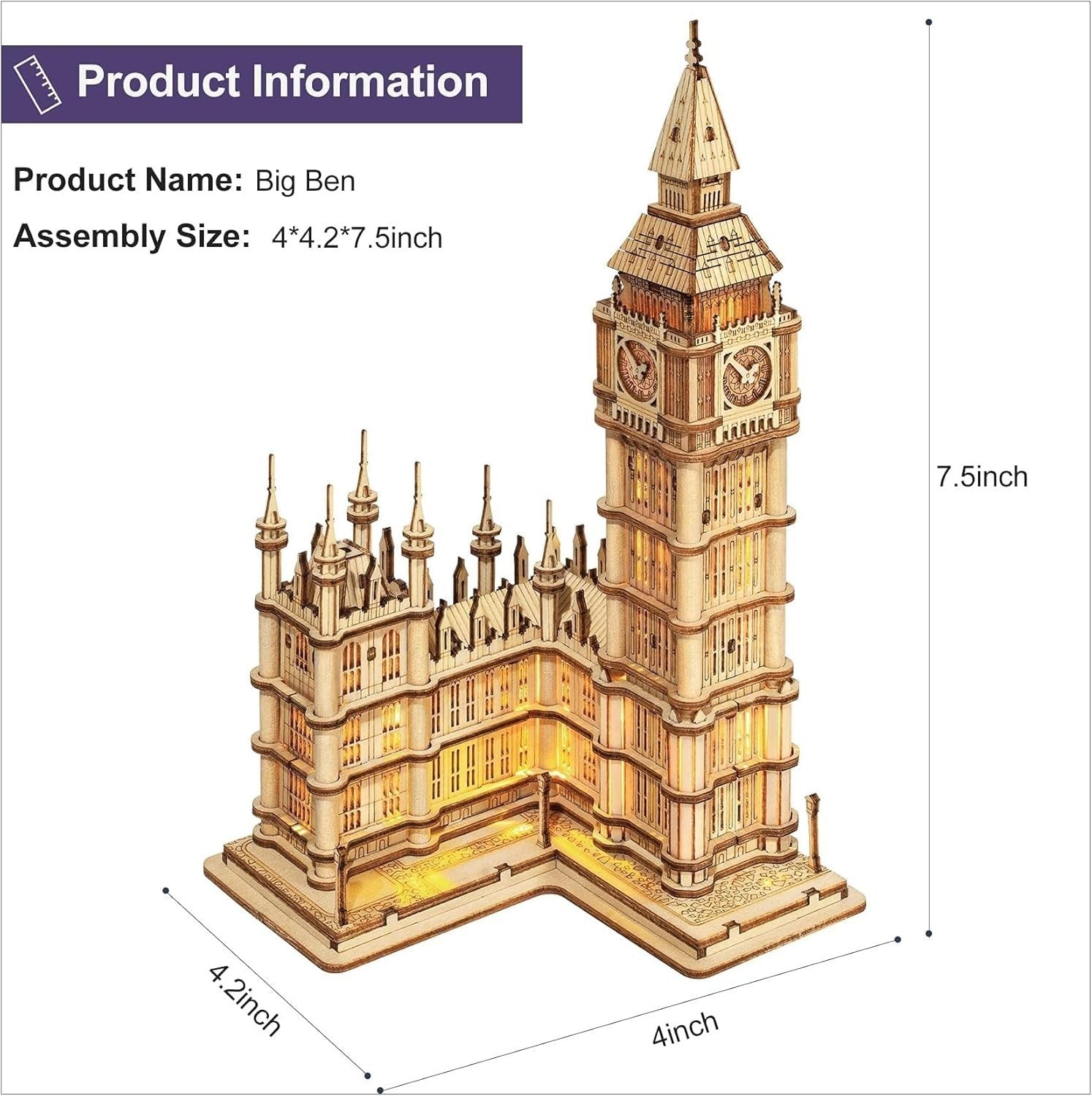 3D Wooden Big Ben Puzzle Model Kit – Laser Cut, Light-Up, Easy Build