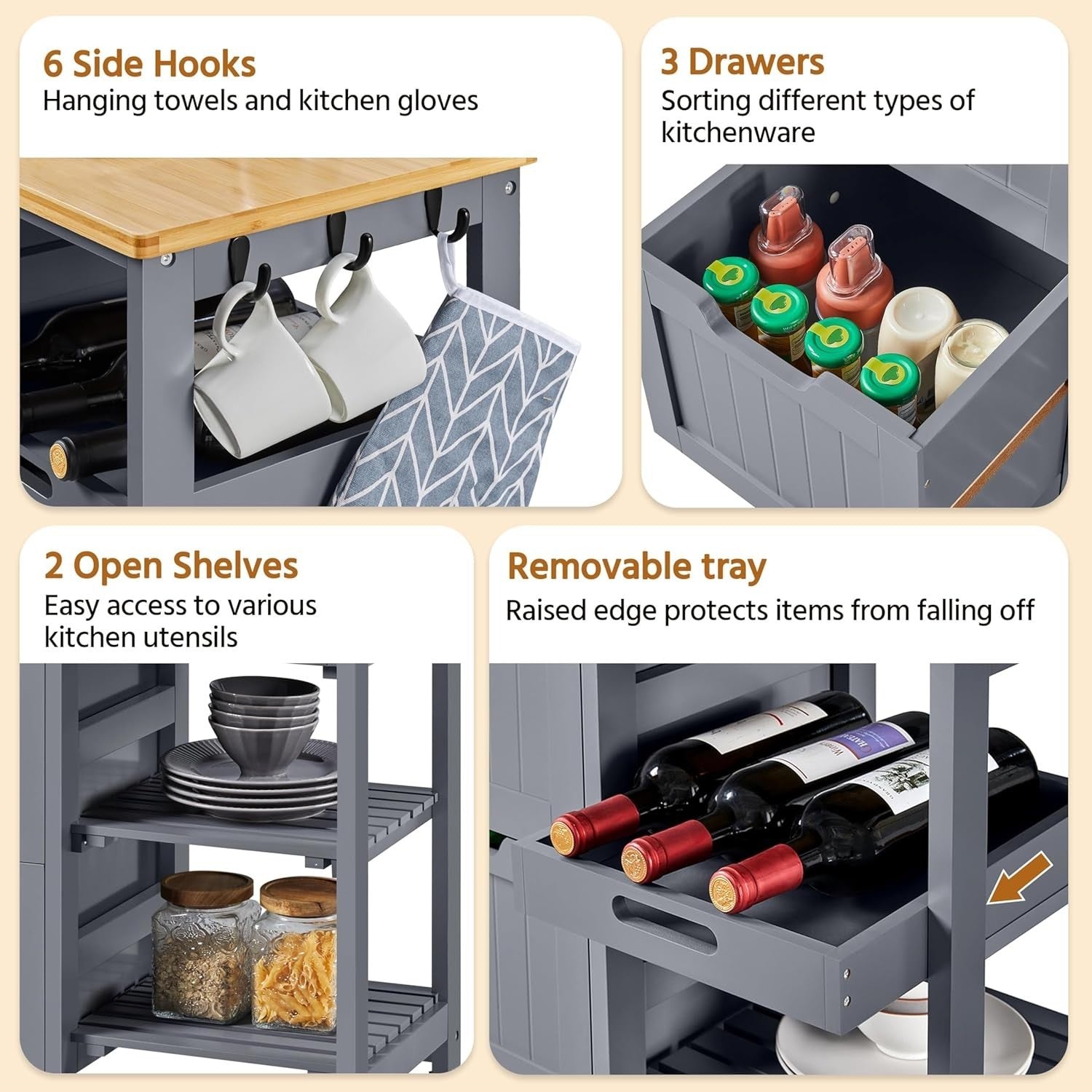 Dark Gray Kitchen Trolley on Wheels 3 Drawers Cart
