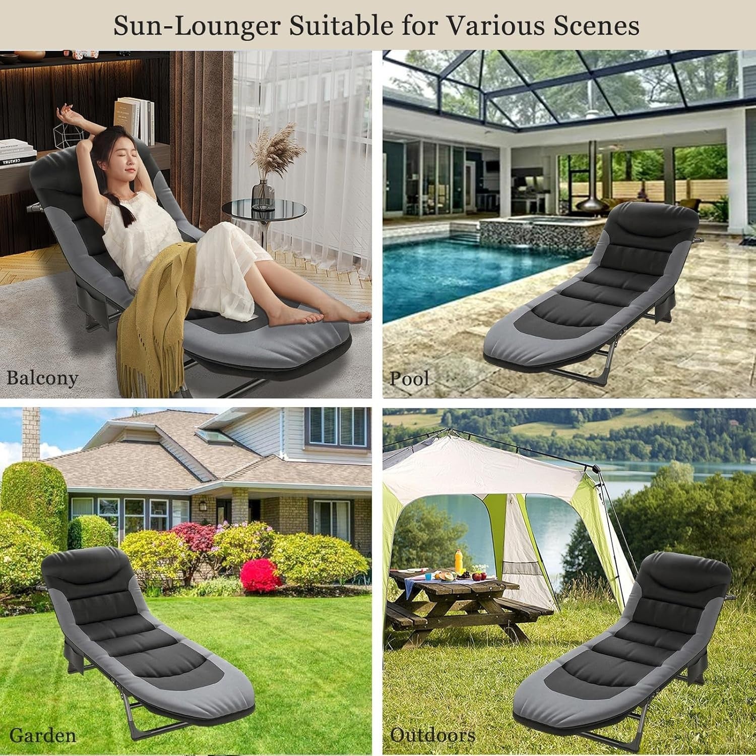 2x Folding Recliner Sun Loungers Camping Bed Chair with Pillow & Mattress