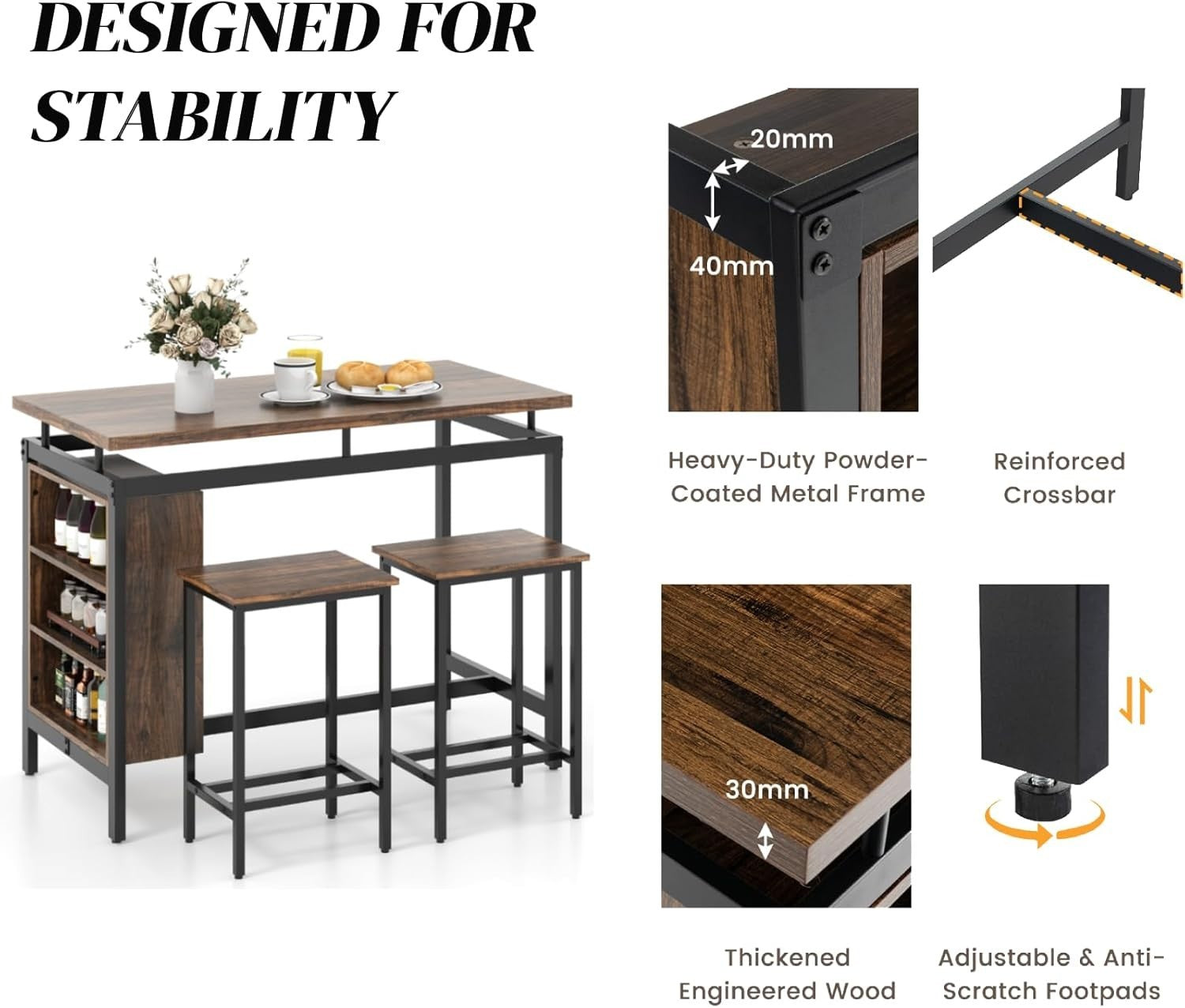 3 Piece Bar Table with Shelves & 2 Stools Space Saving Breakfast Dining Set Home