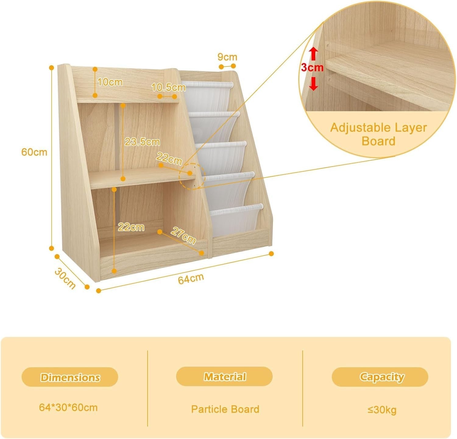 Adjustable Kids Bookshelf with 4 Shelves & Sling Pockets – Small Wooden Rack