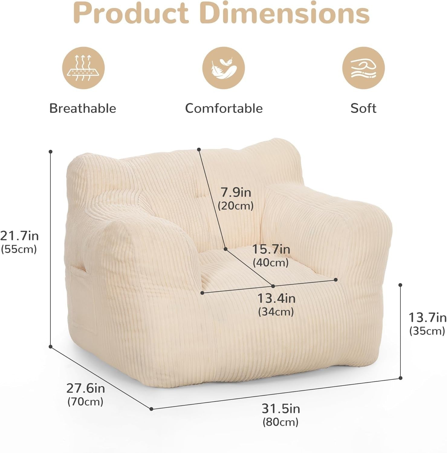 Comfy Bean Bag Chair for Adults with Sponge Filling, Ergonomic Sofa - Beige