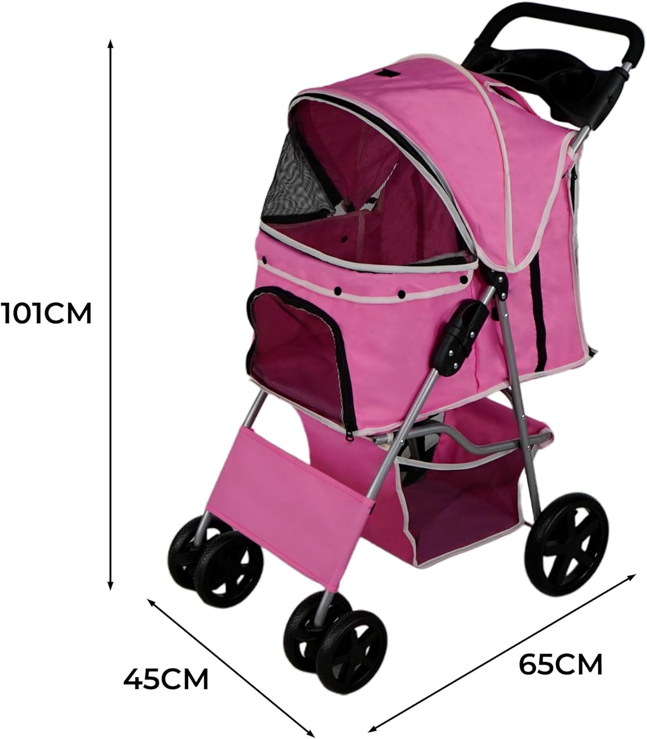 Pink Pet Stroller Pushchair Foldable Dog Cat Pram 15kg with Brakes