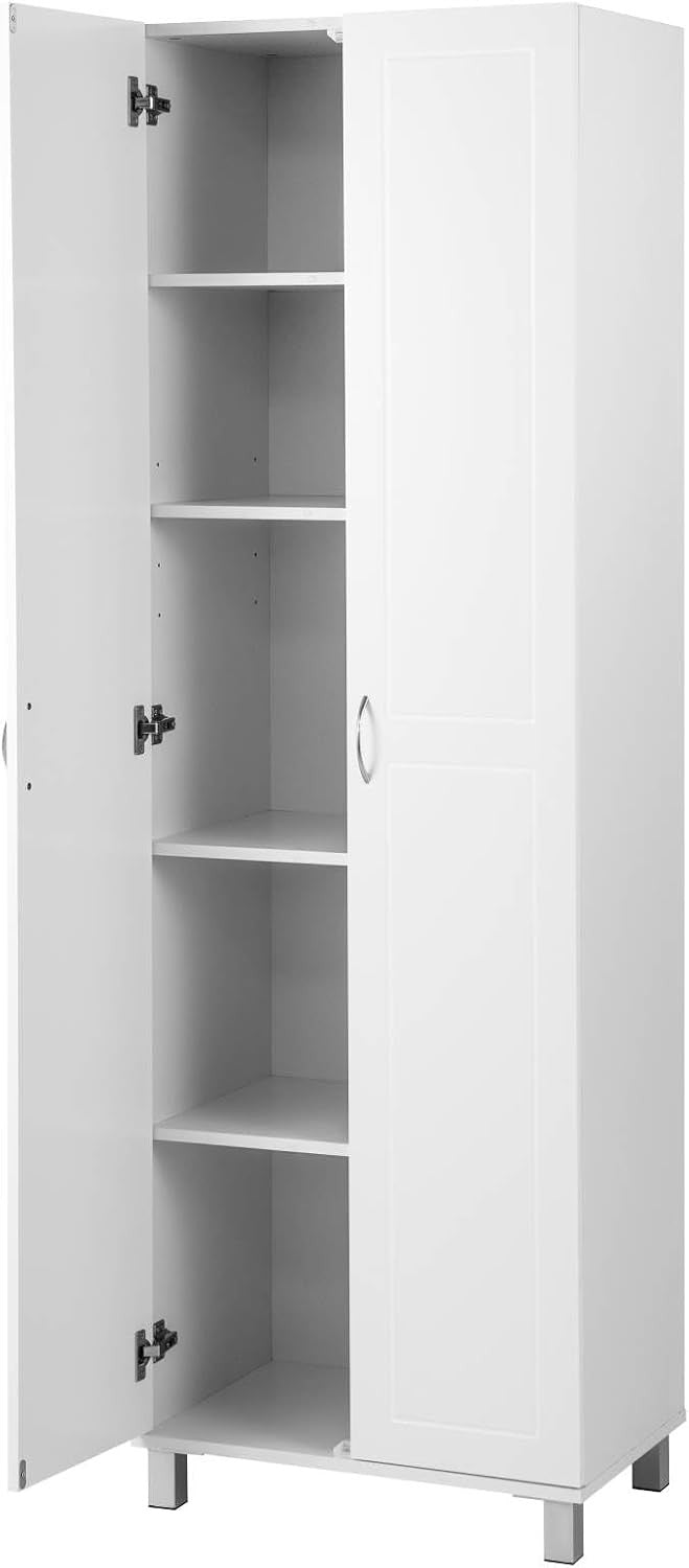 Tall White Storage Cabinet 2 Door Cupboard | Adjustable Shelves Freestanding Uni