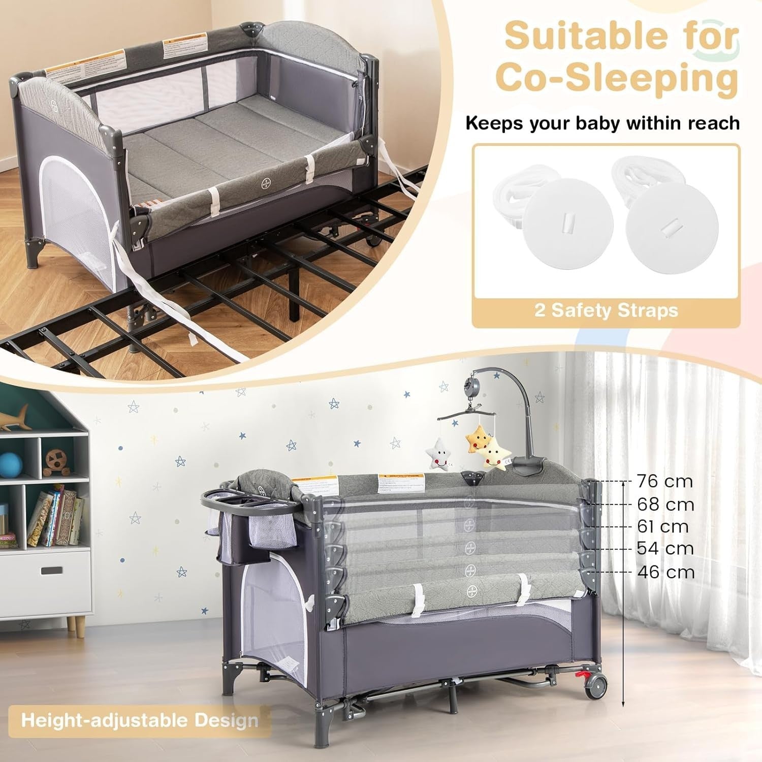 5in1 Travel Cot Baby Bedside Foldable Crib Bassinet Portable Playard Grey