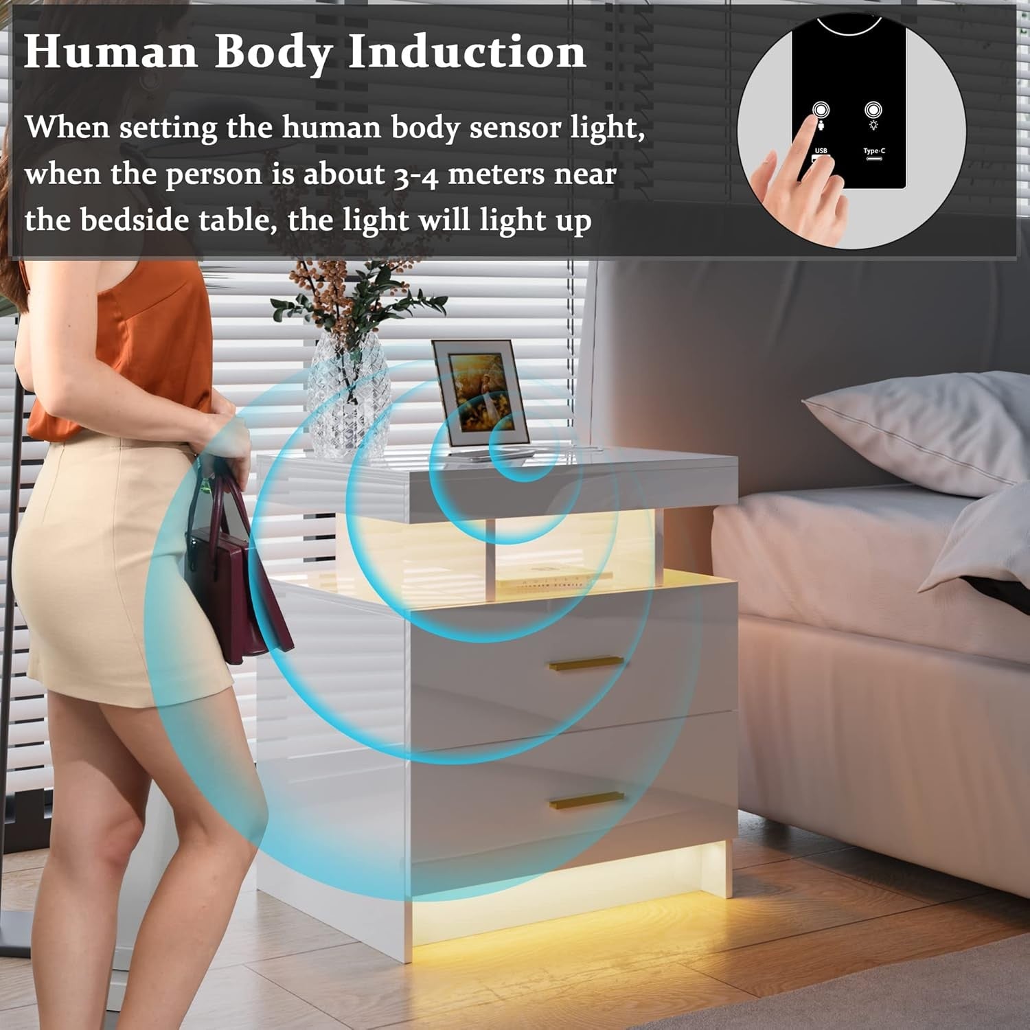 White LED Bedside Table Wireless Charging, Glass Top & 2 Drawers Modern