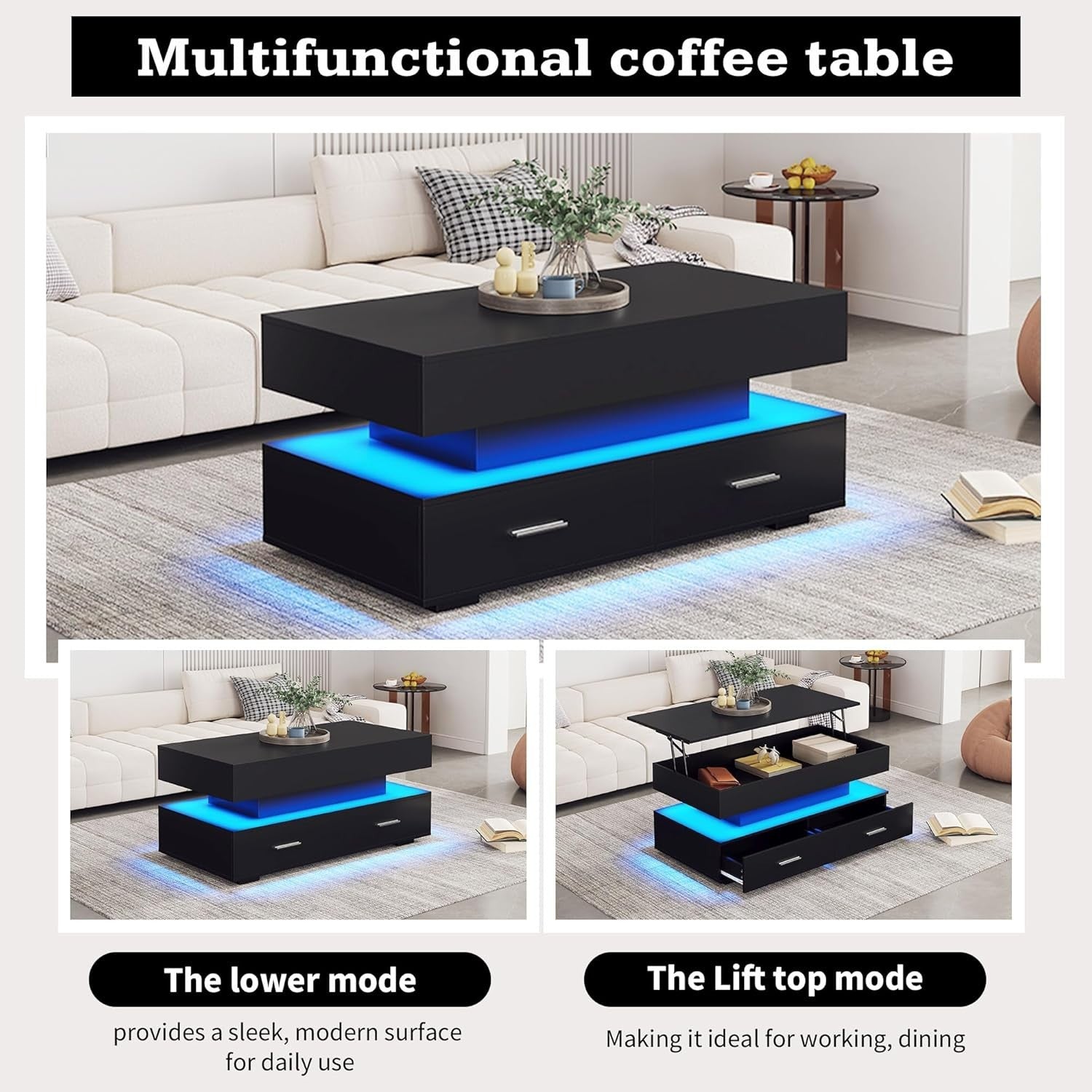 Modern LED Lift Top Coffee Table with Storage & Drawers, Adjustable Height