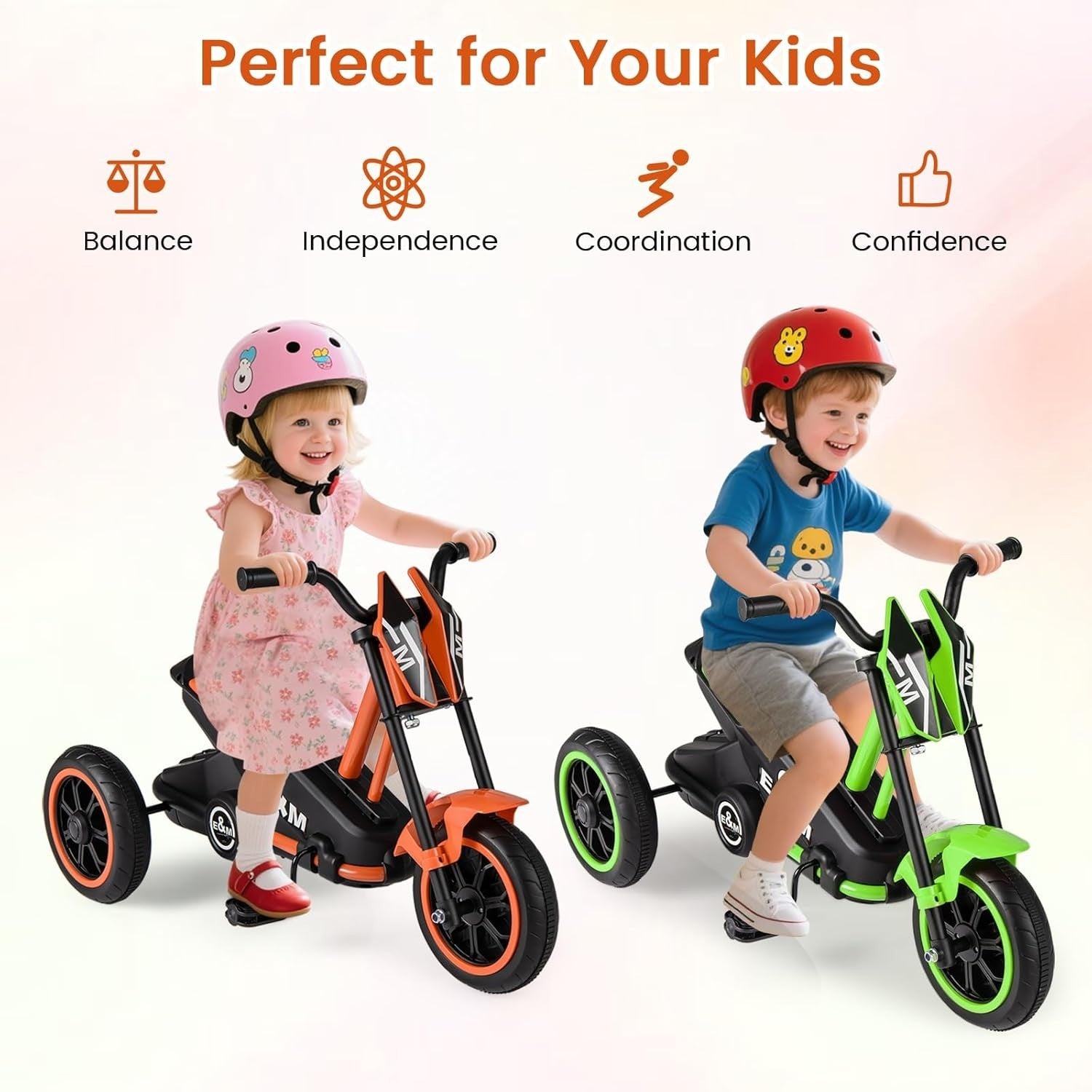 Kids Tricycle 3 Wheel Balance Bike Anti Slip Pedals Orange Age 3+