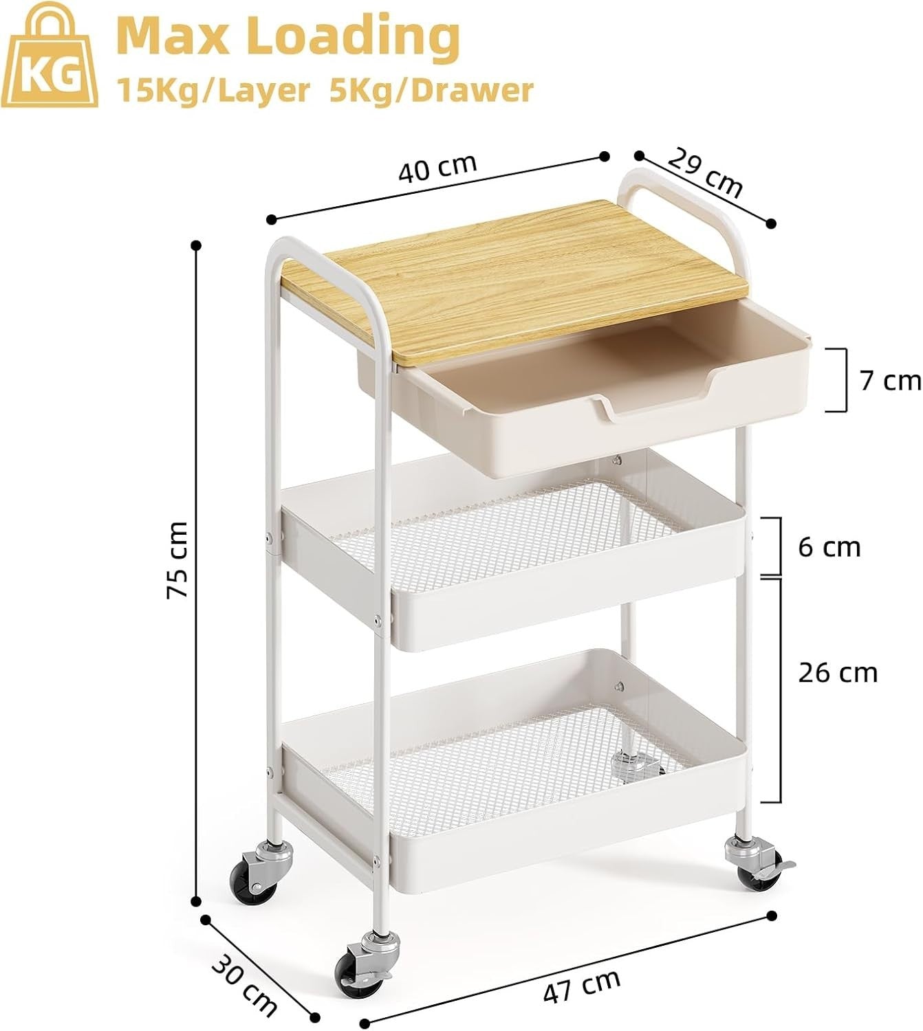 3 Tier Rolling Storage Trolley Cart Wooden Top Drawer Utility Organiser