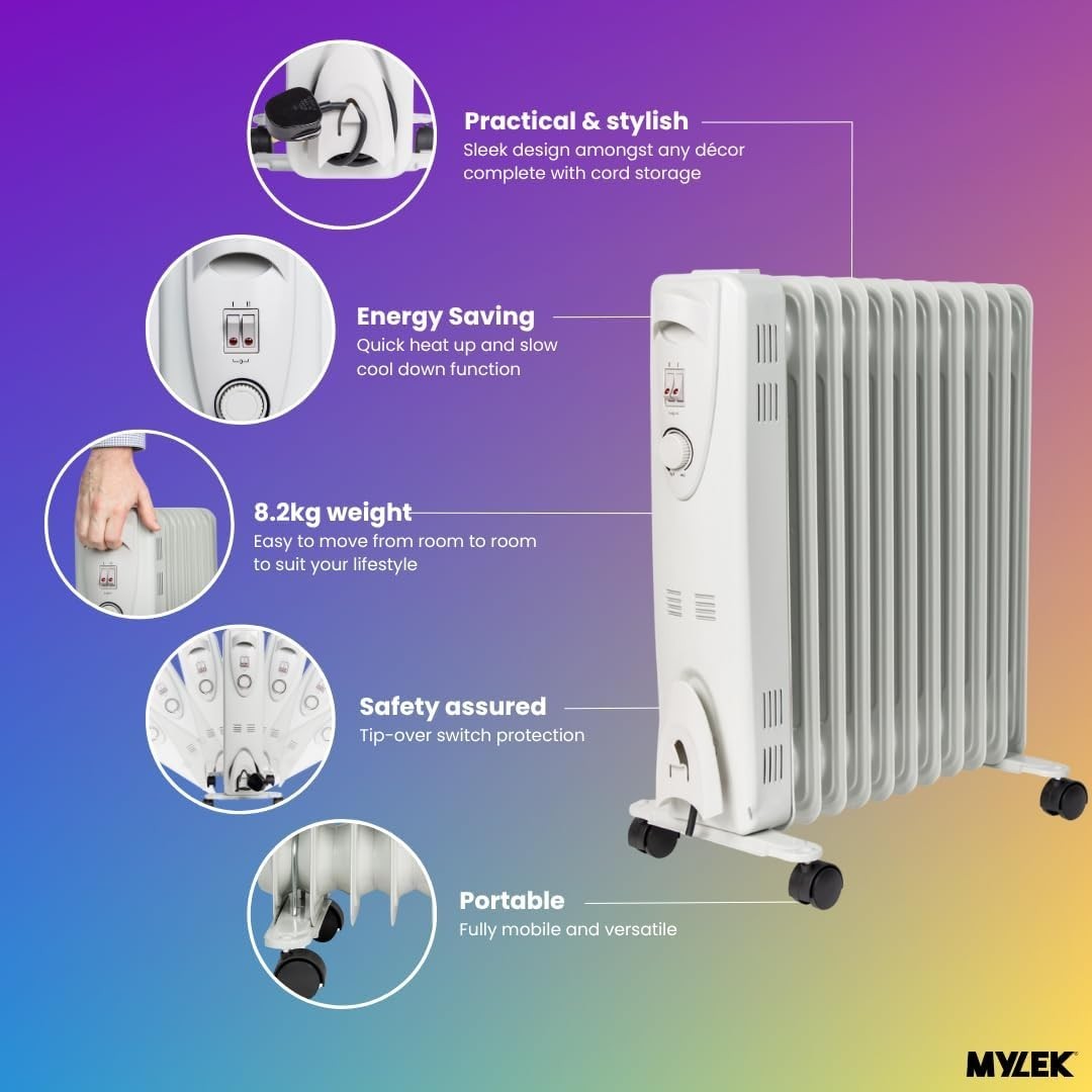 Portable Electric Oil Heater 2500W | Adjustable Thermostat, 3 Heat Settings