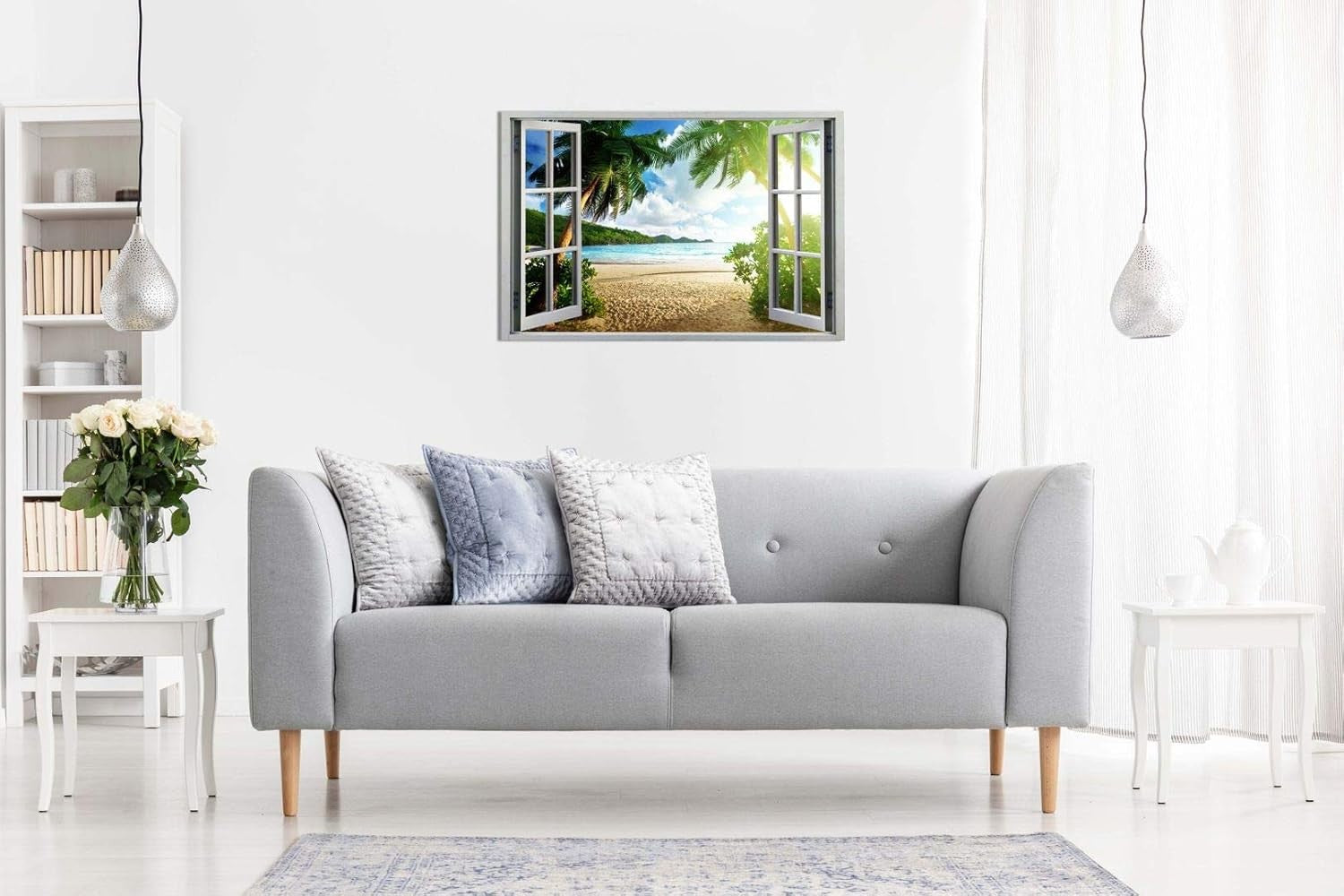 3D Sunset Beach Window Canvas Wall Art Large Tropical Seaside Print 36x24